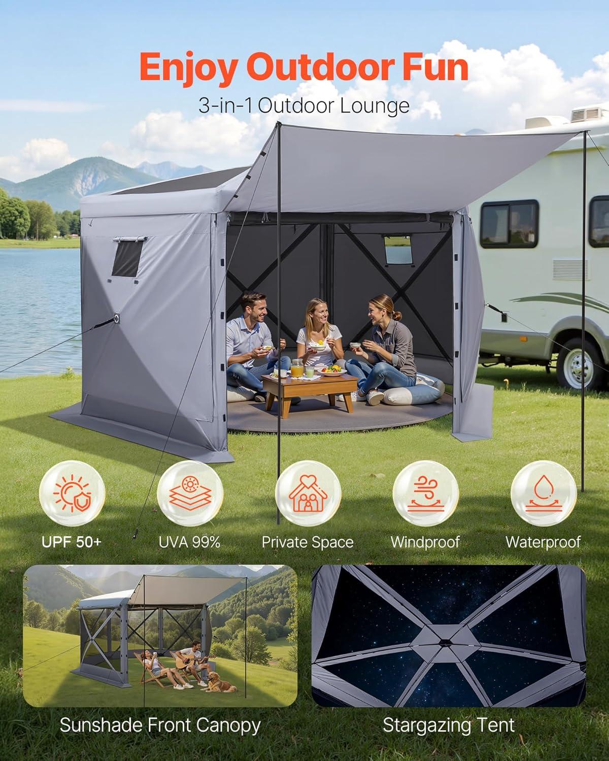 image:imageVEVOR Pop Up Gazebo Screen Tent 6 Sided Canopy Sun Shelter with 6 Removable Privacy Wind Cloths amp Mesh Windows 115x115FT Quick Set Screen Tent with Mosquito Netting BrownGray