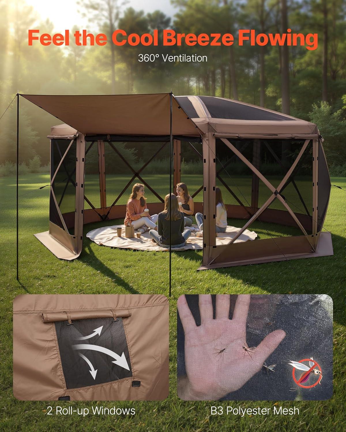 image:imageVEVOR Pop Up Gazebo Screen Tent 6 Sided Canopy Sun Shelter with 6 Removable Privacy Wind Cloths amp Mesh Windows 115x115FT Quick Set Screen Tent with Mosquito Netting BrownBrown