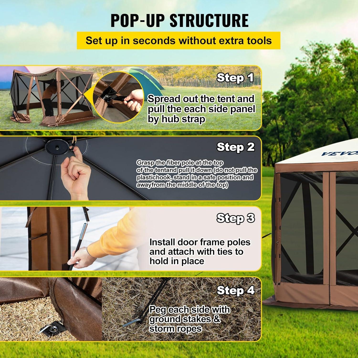 image:imageVEVOR Pop Up Gazebo Screen Tent 6 Sided Canopy Sun Shelter with 6 Removable Privacy Wind Cloths amp Mesh Windows 115x115FT Quick Set Screen Tent with Mosquito Netting BrownBrown