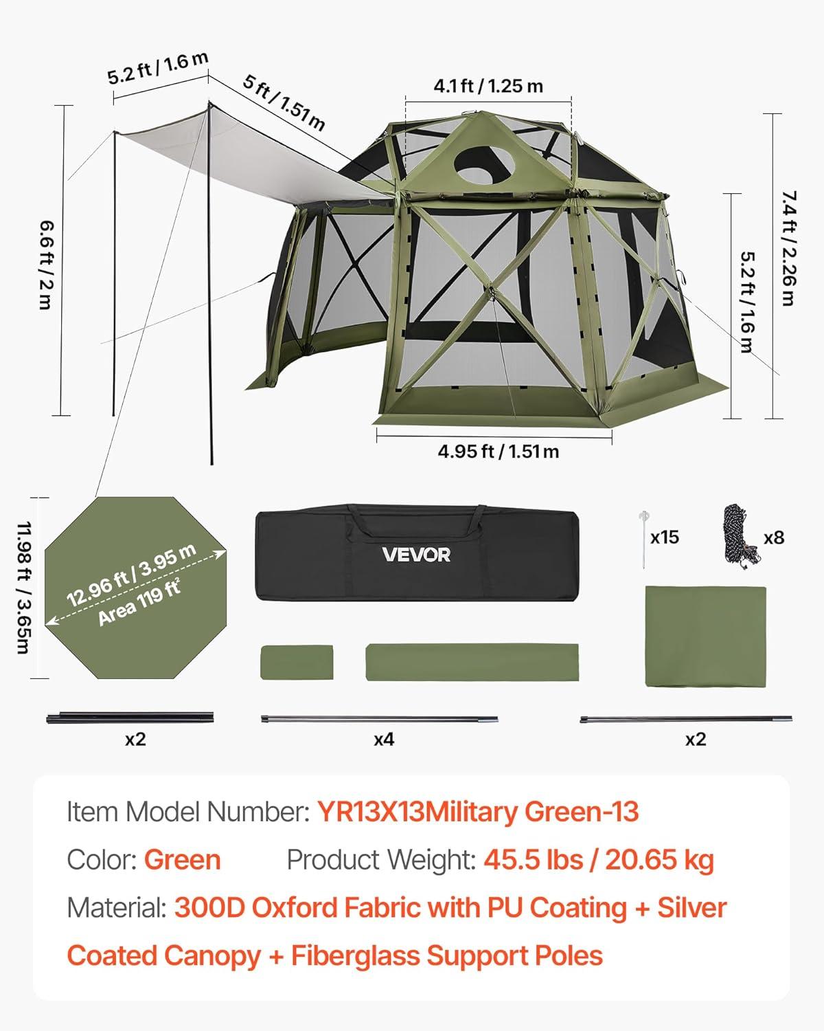 image:imageVEVOR Pop Up Gazebo Screen Tent 6 Sided Canopy Sun Shelter with 6 Removable Privacy Wind Cloths amp Mesh Windows 115x115FT Quick Set Screen Tent with Mosquito Netting BrownArmy Green