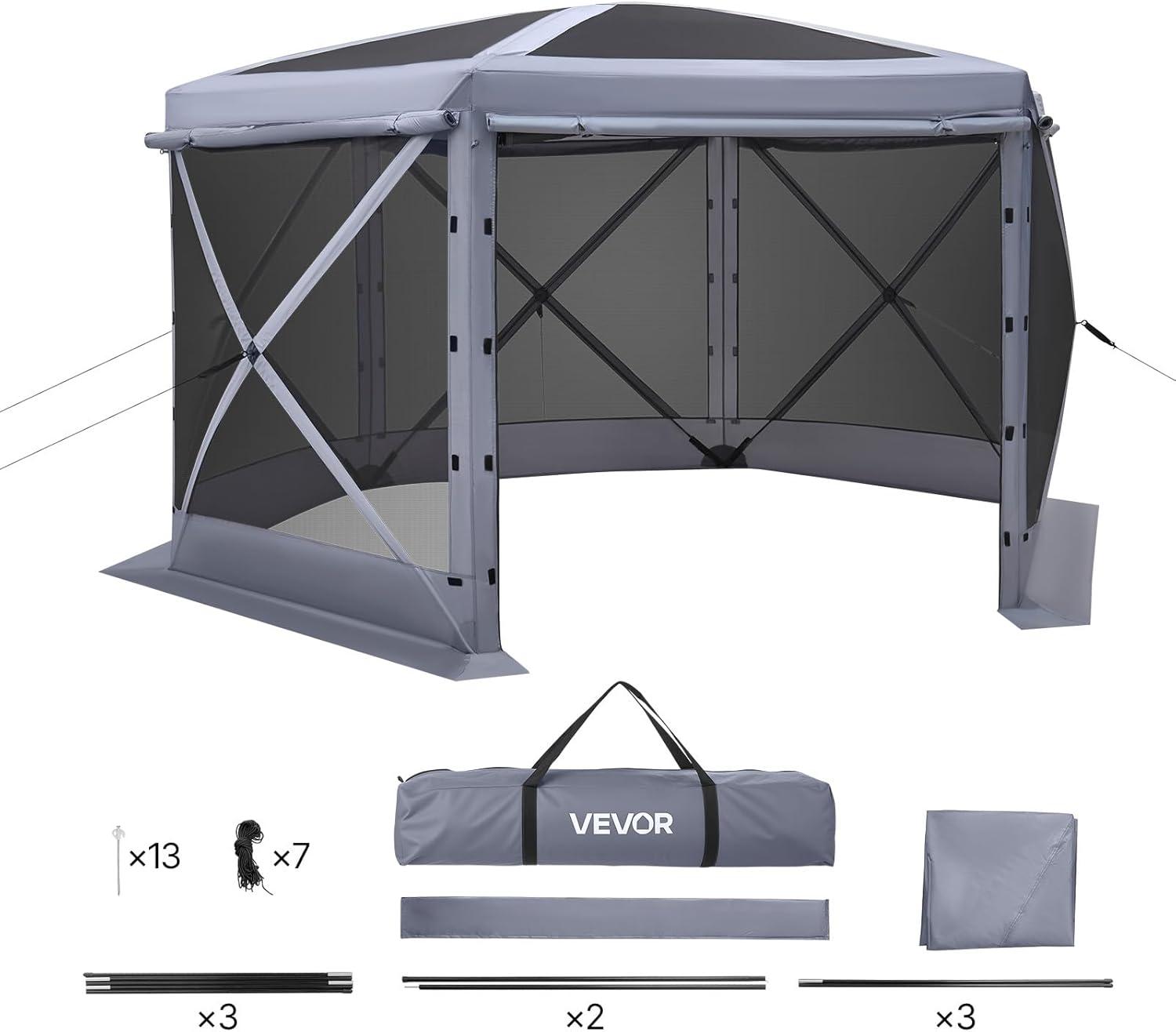 image:imageVEVOR Pop Up Gazebo Screen Tent 6 Sided Canopy Sun Shelter with 6 Removable Privacy Wind Cloths amp Mesh Windows 115x115FT Quick Set Screen Tent with Mosquito Netting BrownGray