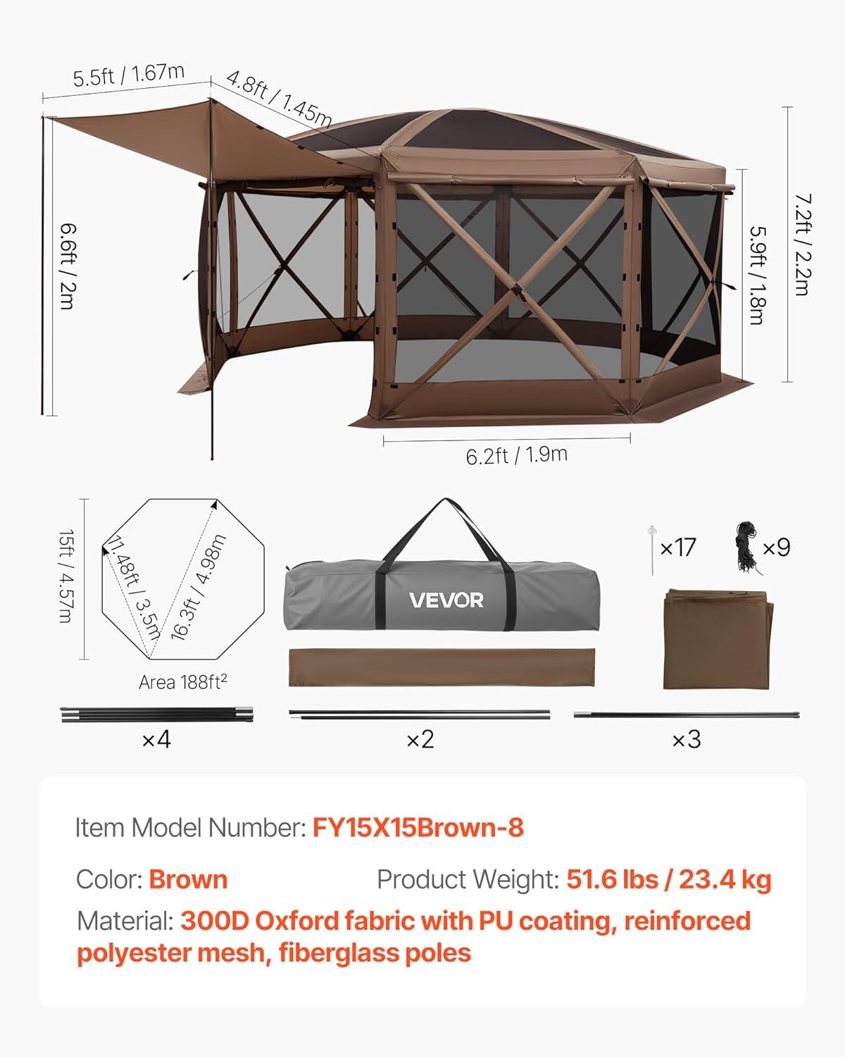 image:imageVEVOR Pop Up Gazebo Screen Tent 6 Sided Canopy Sun Shelter with 6 Removable Privacy Wind Cloths amp Mesh Windows 115x115FT Quick Set Screen Tent with Mosquito Netting BrownBrown