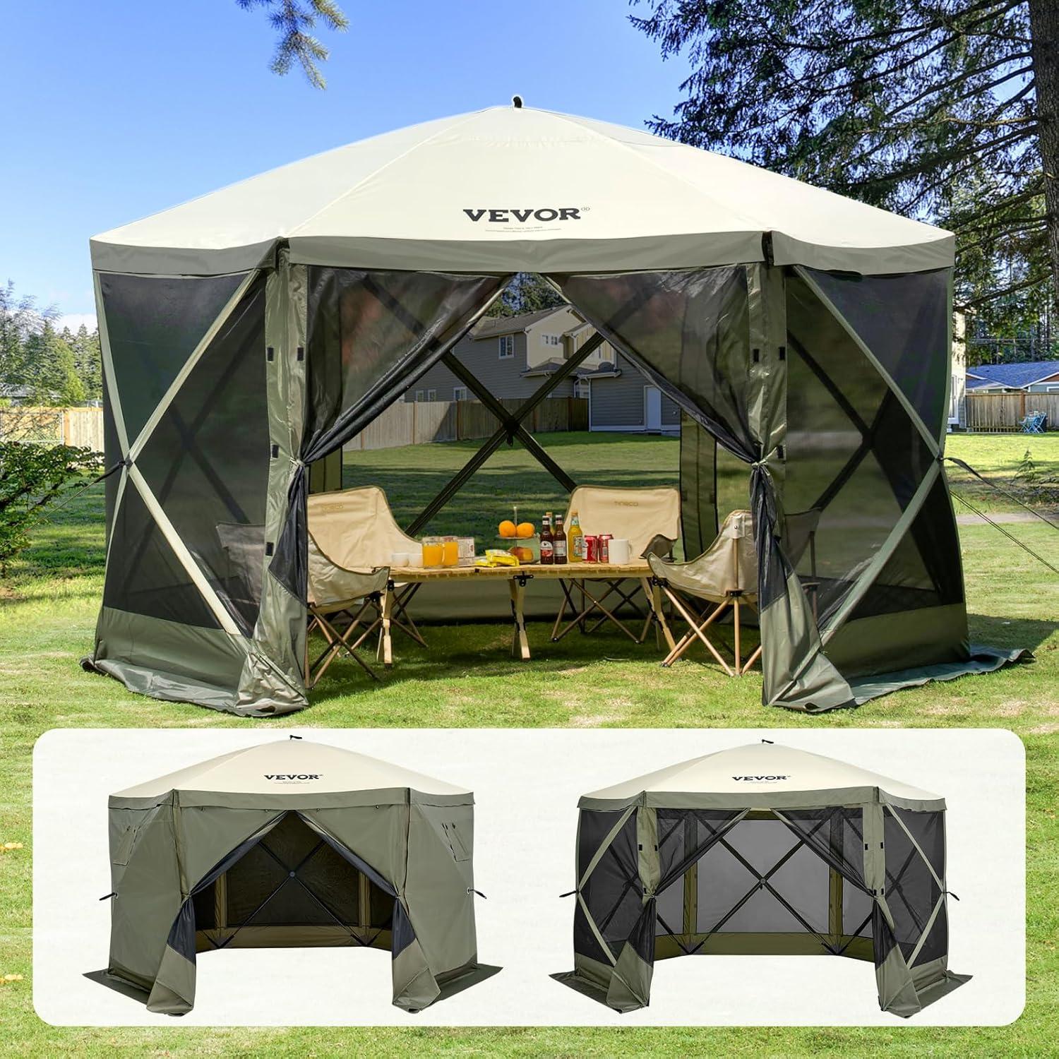 image:imageVEVOR Pop Up Gazebo Screen Tent 6 Sided Canopy Sun Shelter with 6 Removable Privacy Wind Cloths amp Mesh Windows 115x115FT Quick Set Screen Tent with Mosquito Netting BrownArmy Green