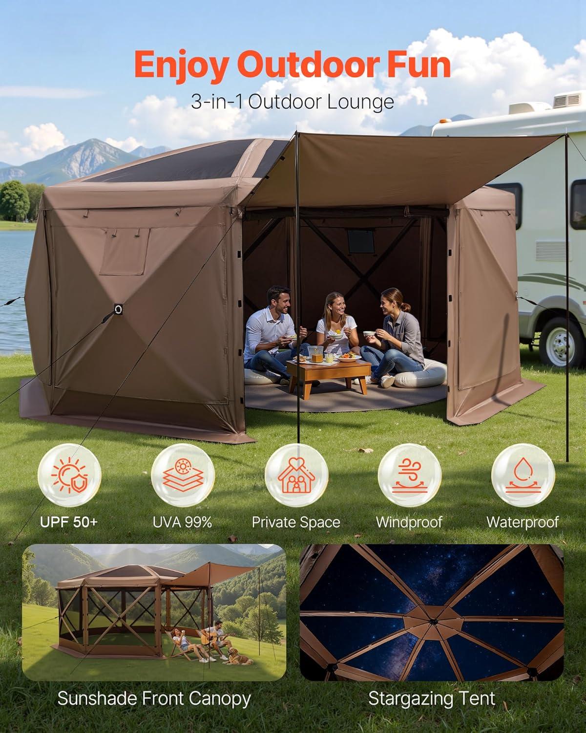 image:imageVEVOR Pop Up Gazebo Screen Tent 6 Sided Canopy Sun Shelter with 6 Removable Privacy Wind Cloths amp Mesh Windows 115x115FT Quick Set Screen Tent with Mosquito Netting BrownBrown
