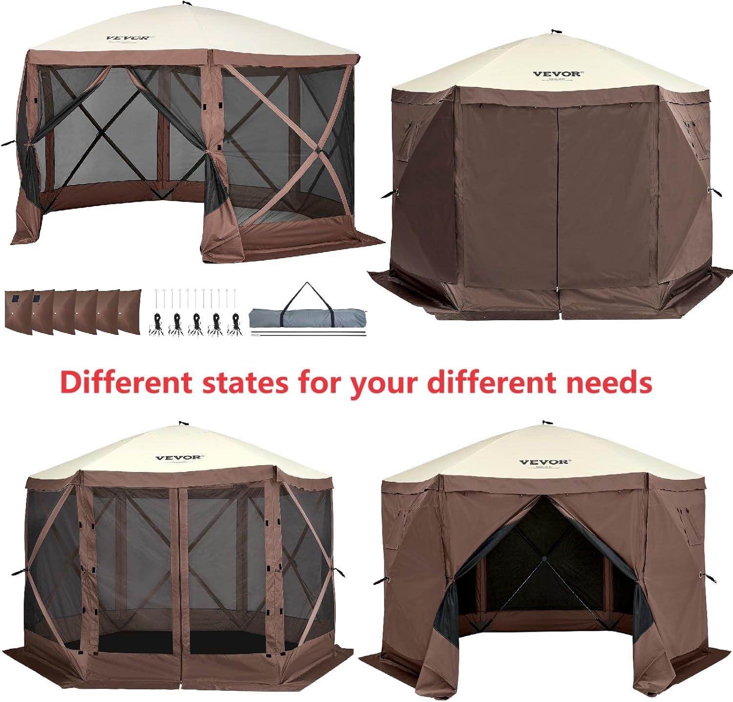 image:imageVEVOR Pop Up Gazebo Screen Tent 6 Sided Canopy Sun Shelter with 6 Removable Privacy Wind Cloths amp Mesh Windows 115x115FT Quick Set Screen Tent with Mosquito Netting BrownBrown