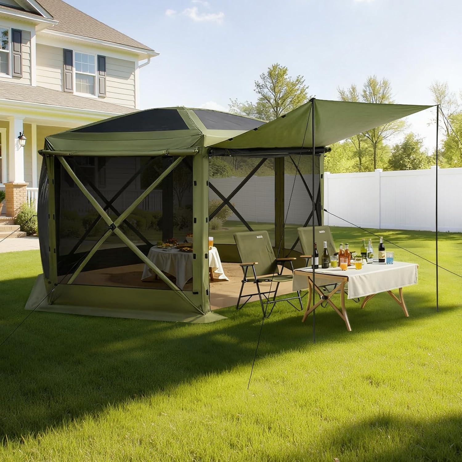 image:imageVEVOR Pop Up Gazebo Screen Tent 6 Sided Canopy Sun Shelter with 6 Removable Privacy Wind Cloths amp Mesh Windows 115x115FT Quick Set Screen Tent with Mosquito Netting BrownArmy Green