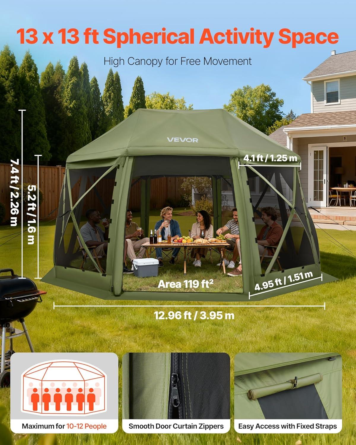 image:imageVEVOR Pop Up Gazebo Screen Tent 6 Sided Canopy Sun Shelter with 6 Removable Privacy Wind Cloths amp Mesh Windows 115x115FT Quick Set Screen Tent with Mosquito Netting BrownArmy Green