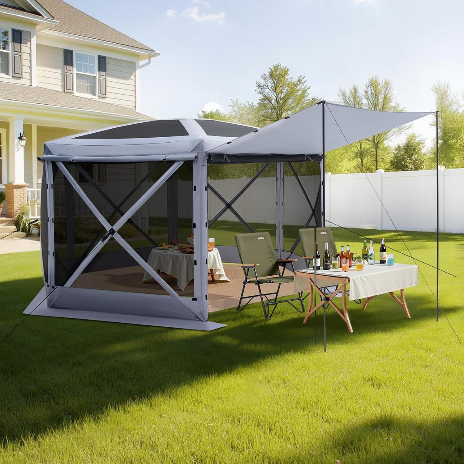 image:imageVEVOR Pop Up Gazebo Screen Tent 6 Sided Canopy Sun Shelter with 6 Removable Privacy Wind Cloths amp Mesh Windows 115x115FT Quick Set Screen Tent with Mosquito Netting BrownGray