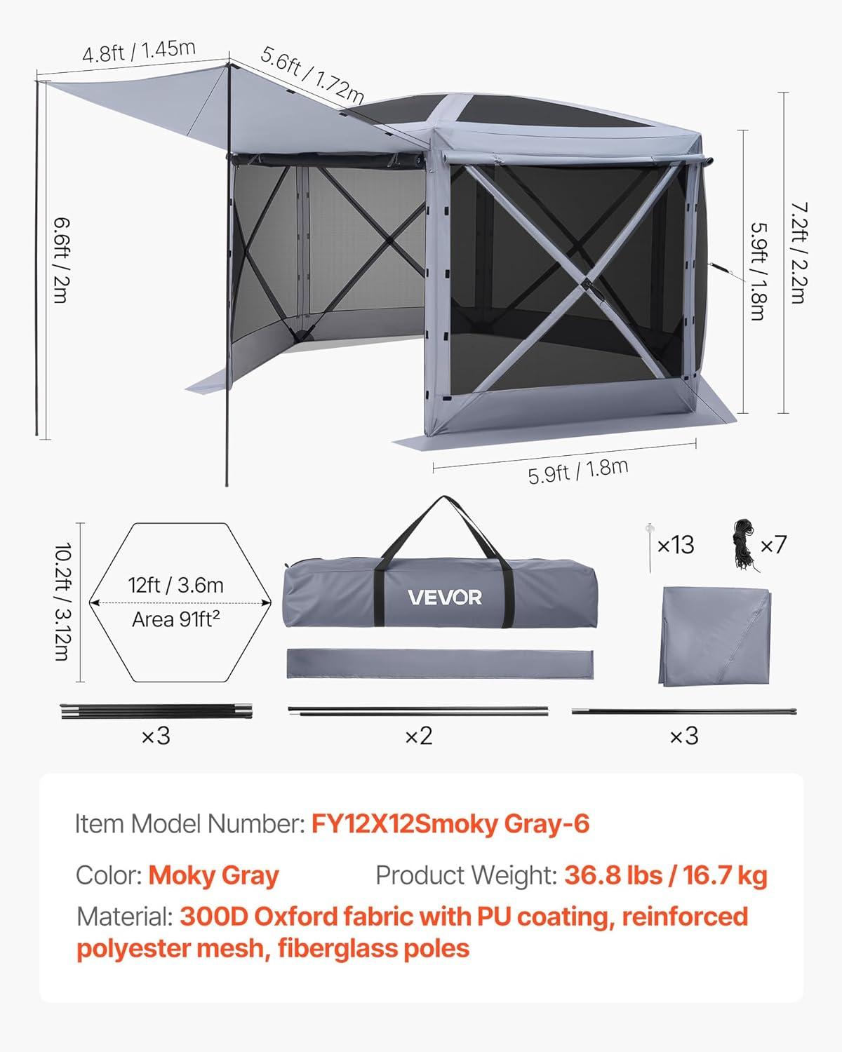 image:imageVEVOR Pop Up Gazebo Screen Tent 6 Sided Canopy Sun Shelter with 6 Removable Privacy Wind Cloths amp Mesh Windows 115x115FT Quick Set Screen Tent with Mosquito Netting BrownGray