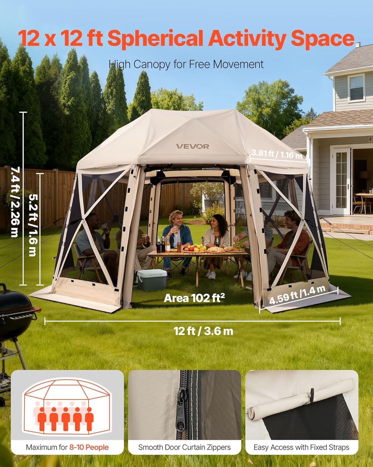 image:imageVEVOR Pop Up Gazebo Screen Tent 6 Sided Canopy Sun Shelter with 6 Removable Privacy Wind Cloths amp Mesh Windows 115x115FT Quick Set Screen Tent with Mosquito Netting BrownBeige
