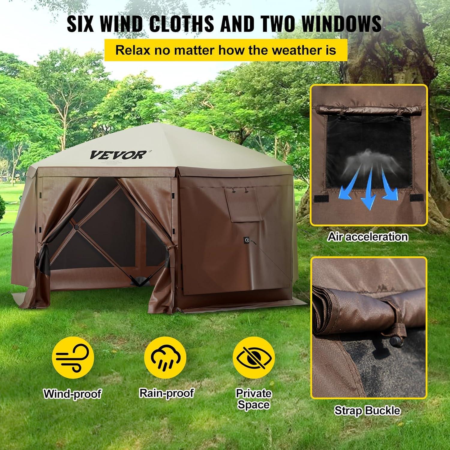 image:imageVEVOR Pop Up Gazebo Screen Tent 6 Sided Canopy Sun Shelter with 6 Removable Privacy Wind Cloths amp Mesh Windows 115x115FT Quick Set Screen Tent with Mosquito Netting BrownBrown