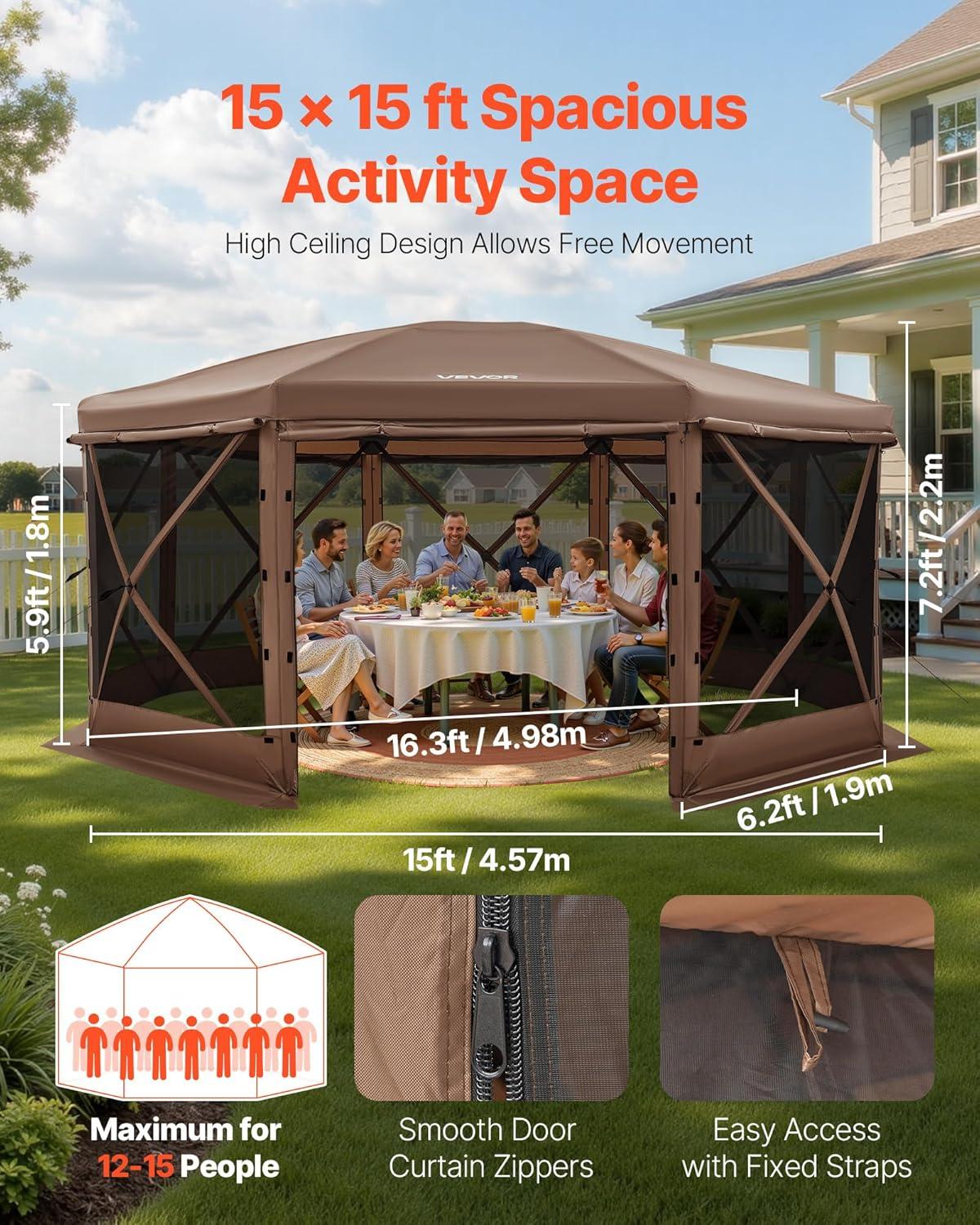 image:imageVEVOR Pop Up Gazebo Screen Tent 6 Sided Canopy Sun Shelter with 6 Removable Privacy Wind Cloths amp Mesh Windows 115x115FT Quick Set Screen Tent with Mosquito Netting BrownBrown