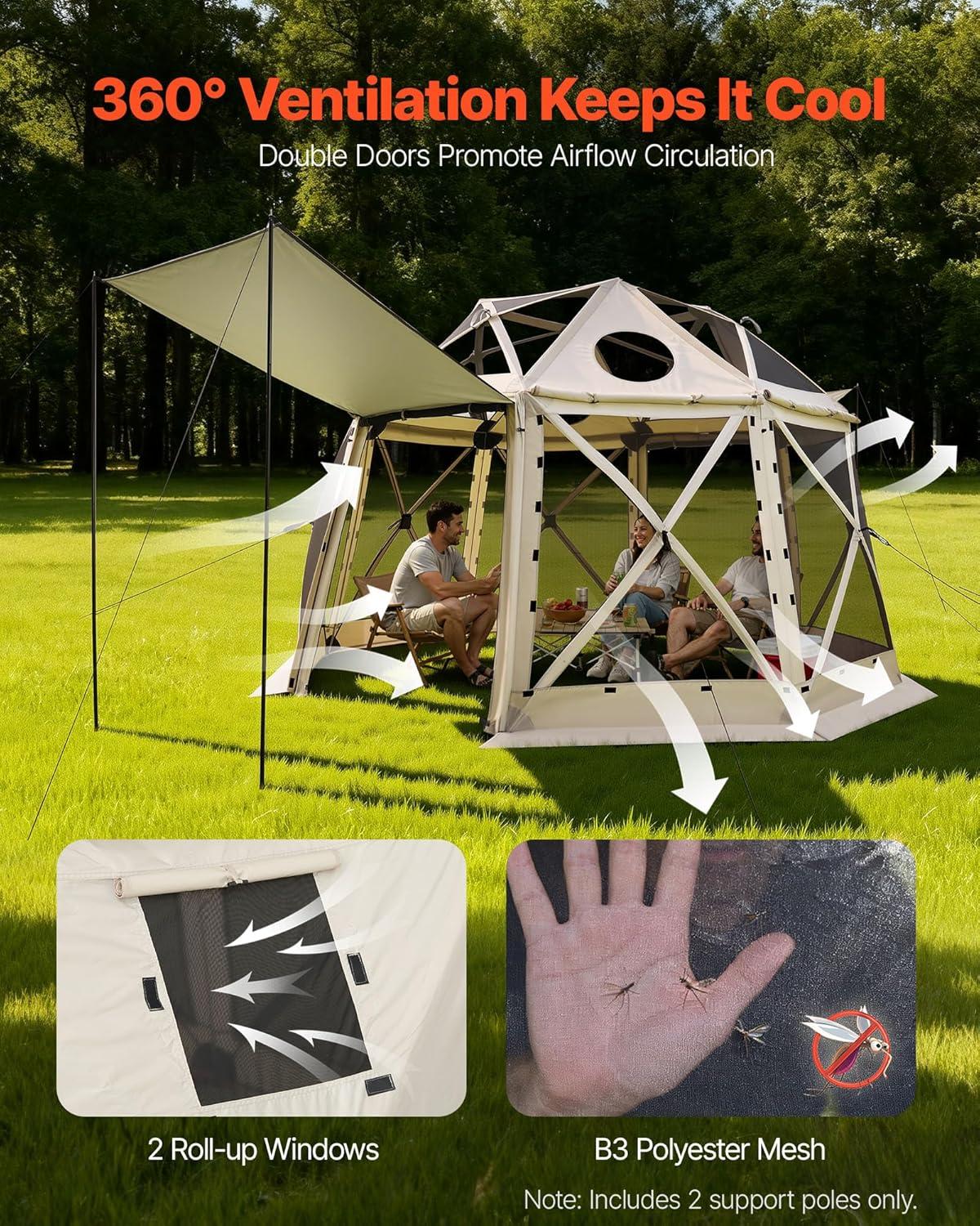 image:imageVEVOR Pop Up Gazebo Screen Tent 6 Sided Canopy Sun Shelter with 6 Removable Privacy Wind Cloths amp Mesh Windows 115x115FT Quick Set Screen Tent with Mosquito Netting BrownBeige