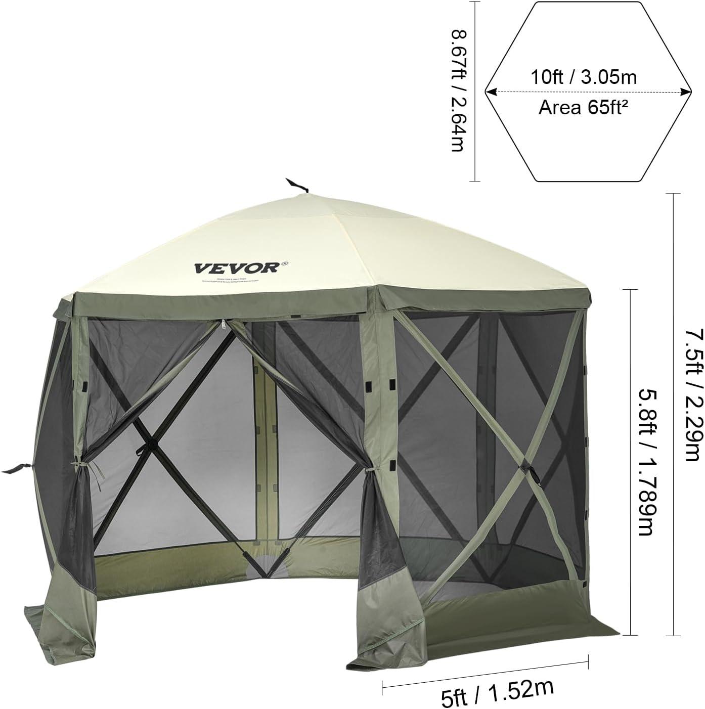 image:imageVEVOR Pop Up Gazebo Screen Tent 6 Sided Canopy Sun Shelter with 6 Removable Privacy Wind Cloths amp Mesh Windows 115x115FT Quick Set Screen Tent with Mosquito Netting BrownArmy Green