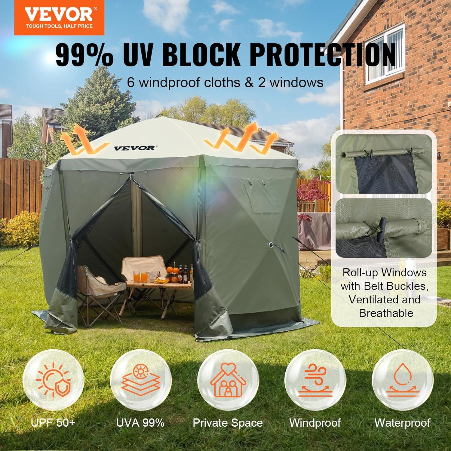 image:imageVEVOR Pop Up Gazebo Screen Tent 6 Sided Canopy Sun Shelter with 6 Removable Privacy Wind Cloths amp Mesh Windows 115x115FT Quick Set Screen Tent with Mosquito Netting BrownArmy Green