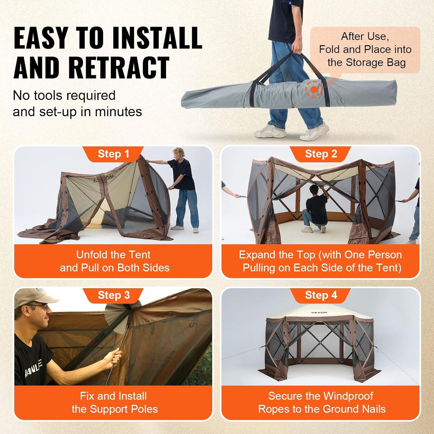 image:imageVEVOR Pop Up Gazebo Screen Tent 6 Sided Canopy Sun Shelter with 6 Removable Privacy Wind Cloths amp Mesh Windows 115x115FT Quick Set Screen Tent with Mosquito Netting BrownBrown