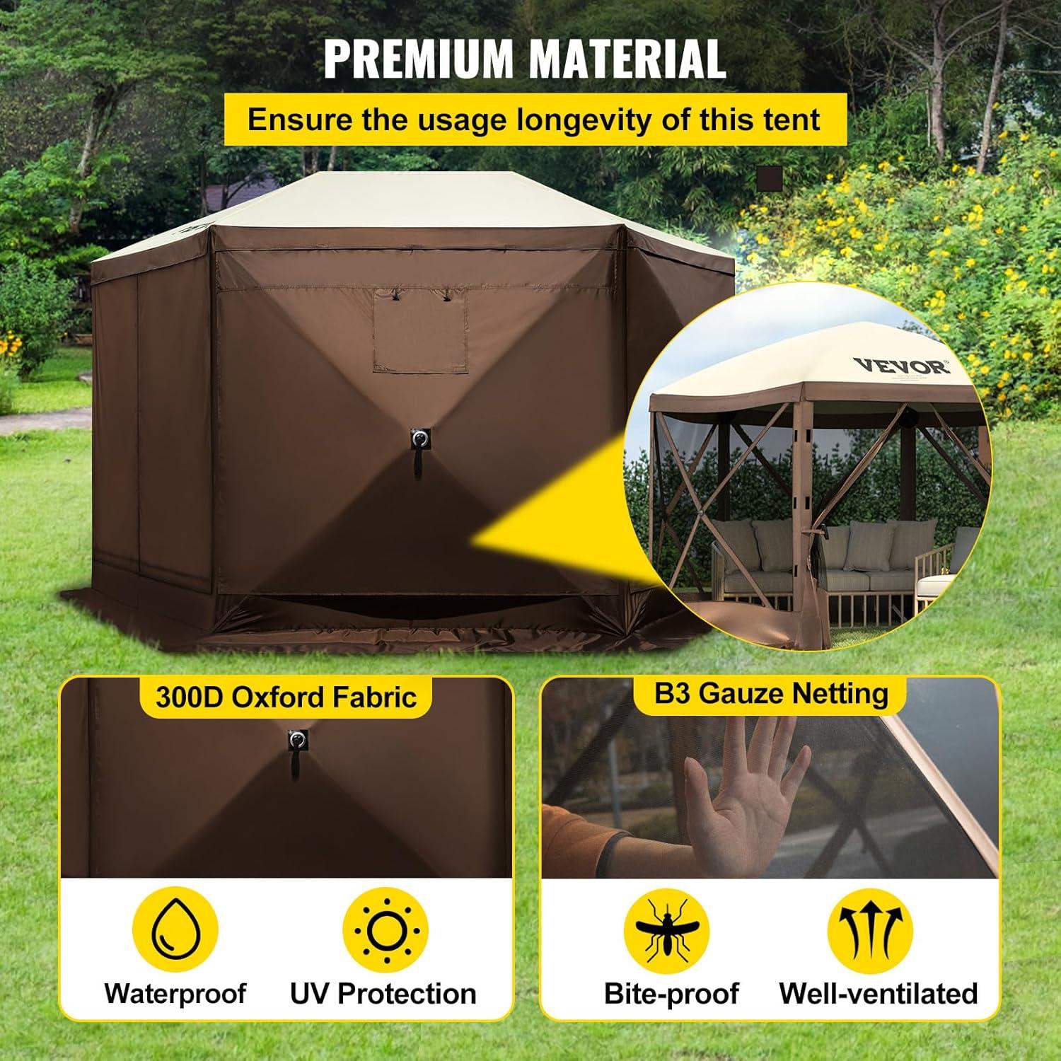 image:imageVEVOR Pop Up Gazebo Screen Tent 6 Sided Canopy Sun Shelter with 6 Removable Privacy Wind Cloths amp Mesh Windows 115x115FT Quick Set Screen Tent with Mosquito Netting BrownBrown