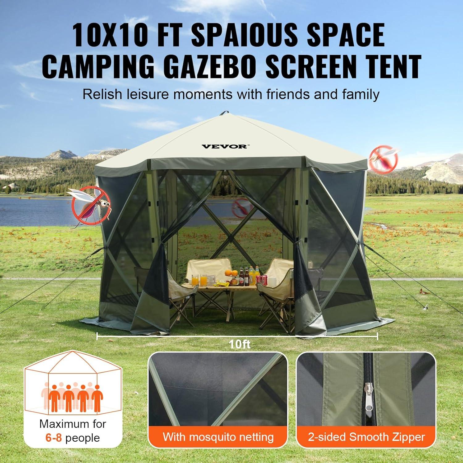 image:imageVEVOR Pop Up Gazebo Screen Tent 6 Sided Canopy Sun Shelter with 6 Removable Privacy Wind Cloths amp Mesh Windows 115x115FT Quick Set Screen Tent with Mosquito Netting BrownArmy Green