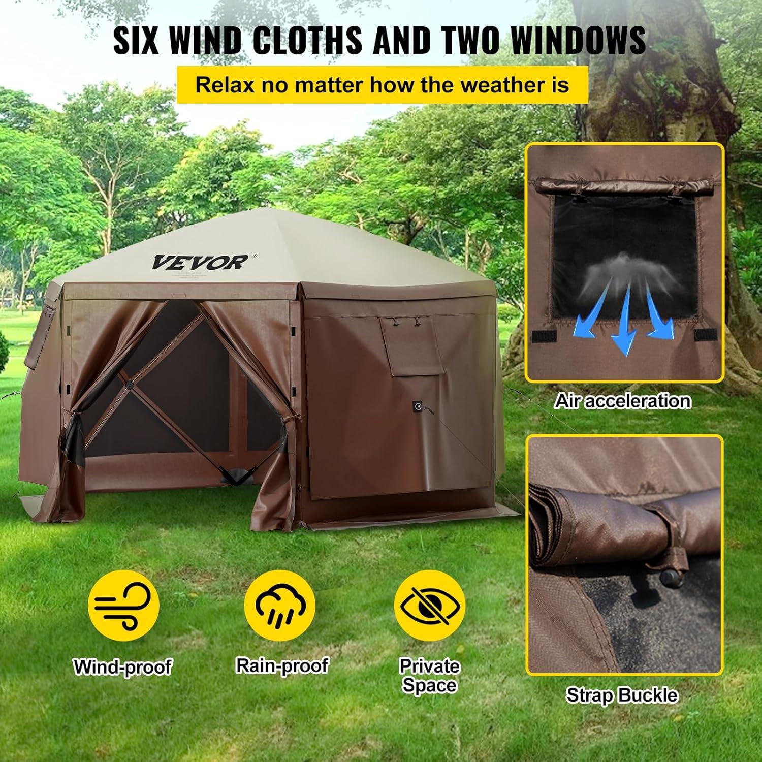 image:imageVEVOR Pop Up Gazebo Screen Tent 6 Sided Canopy Sun Shelter with 6 Removable Privacy Wind Cloths amp Mesh Windows 115x115FT Quick Set Screen Tent with Mosquito Netting BrownBrown