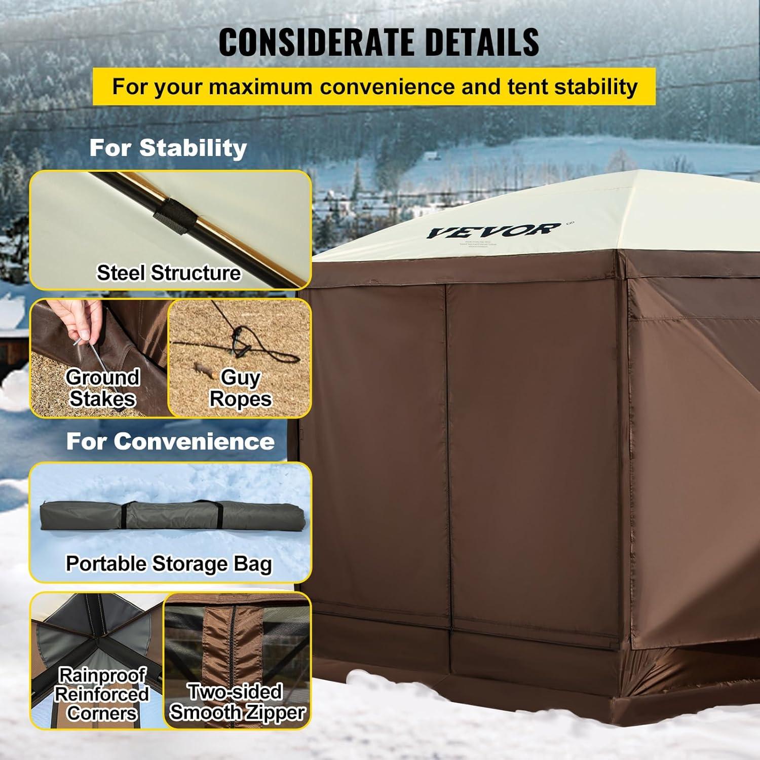 image:imageVEVOR Pop Up Gazebo Screen Tent 6 Sided Canopy Sun Shelter with 6 Removable Privacy Wind Cloths amp Mesh Windows 115x115FT Quick Set Screen Tent with Mosquito Netting BrownBrown