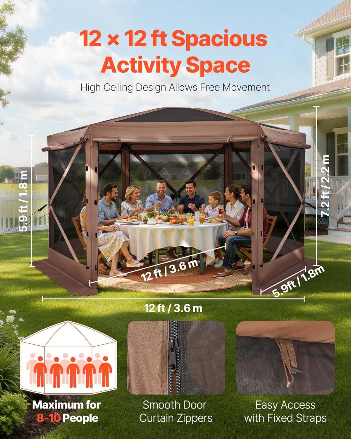 image:imageVEVOR Pop Up Gazebo Screen Tent 6 Sided Canopy Sun Shelter with 6 Removable Privacy Wind Cloths amp Mesh Windows 115x115FT Quick Set Screen Tent with Mosquito Netting BrownBrown
