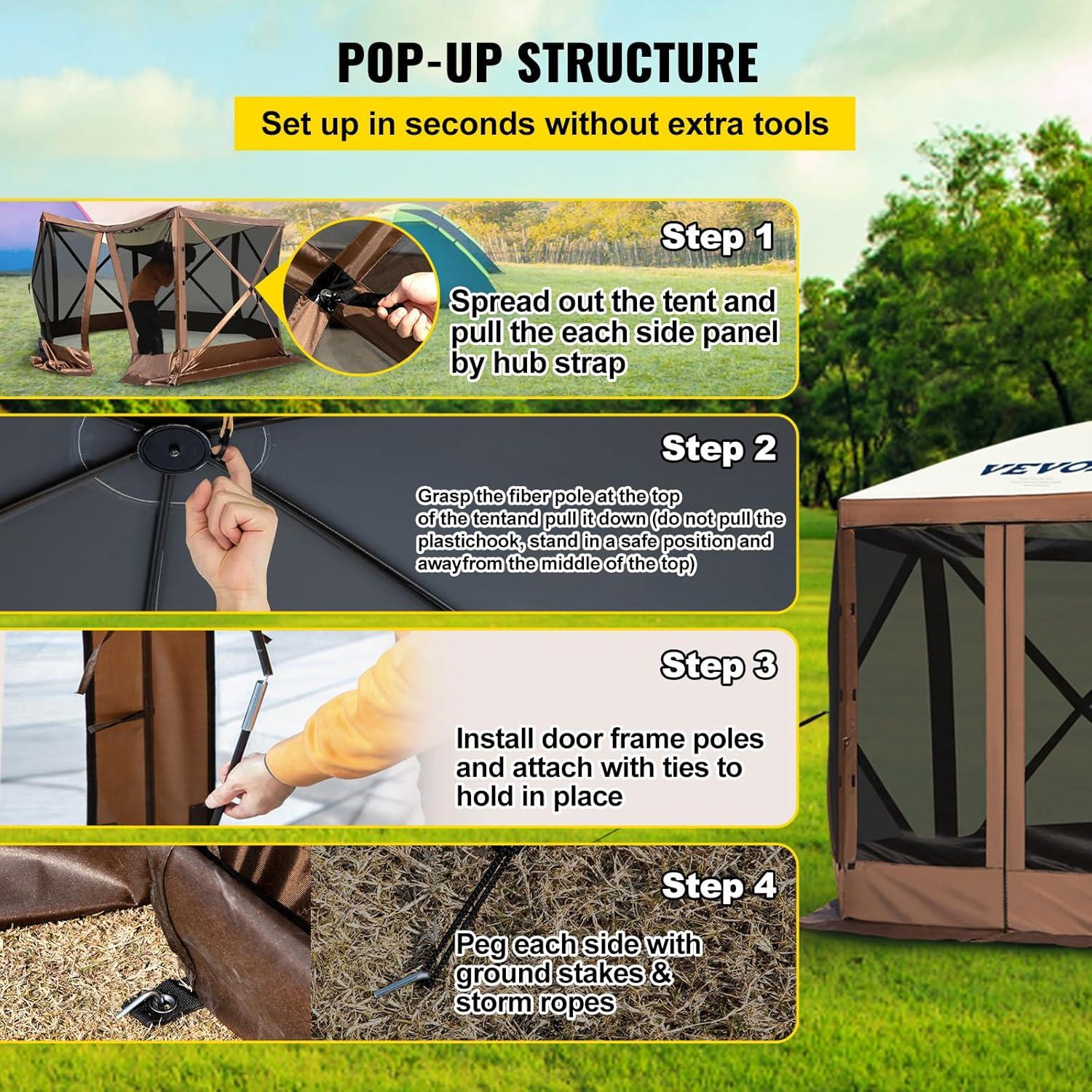 image:imageVEVOR Pop Up Gazebo Screen Tent 6 Sided Canopy Sun Shelter with 6 Removable Privacy Wind Cloths amp Mesh Windows 115x115FT Quick Set Screen Tent with Mosquito Netting BrownBrown