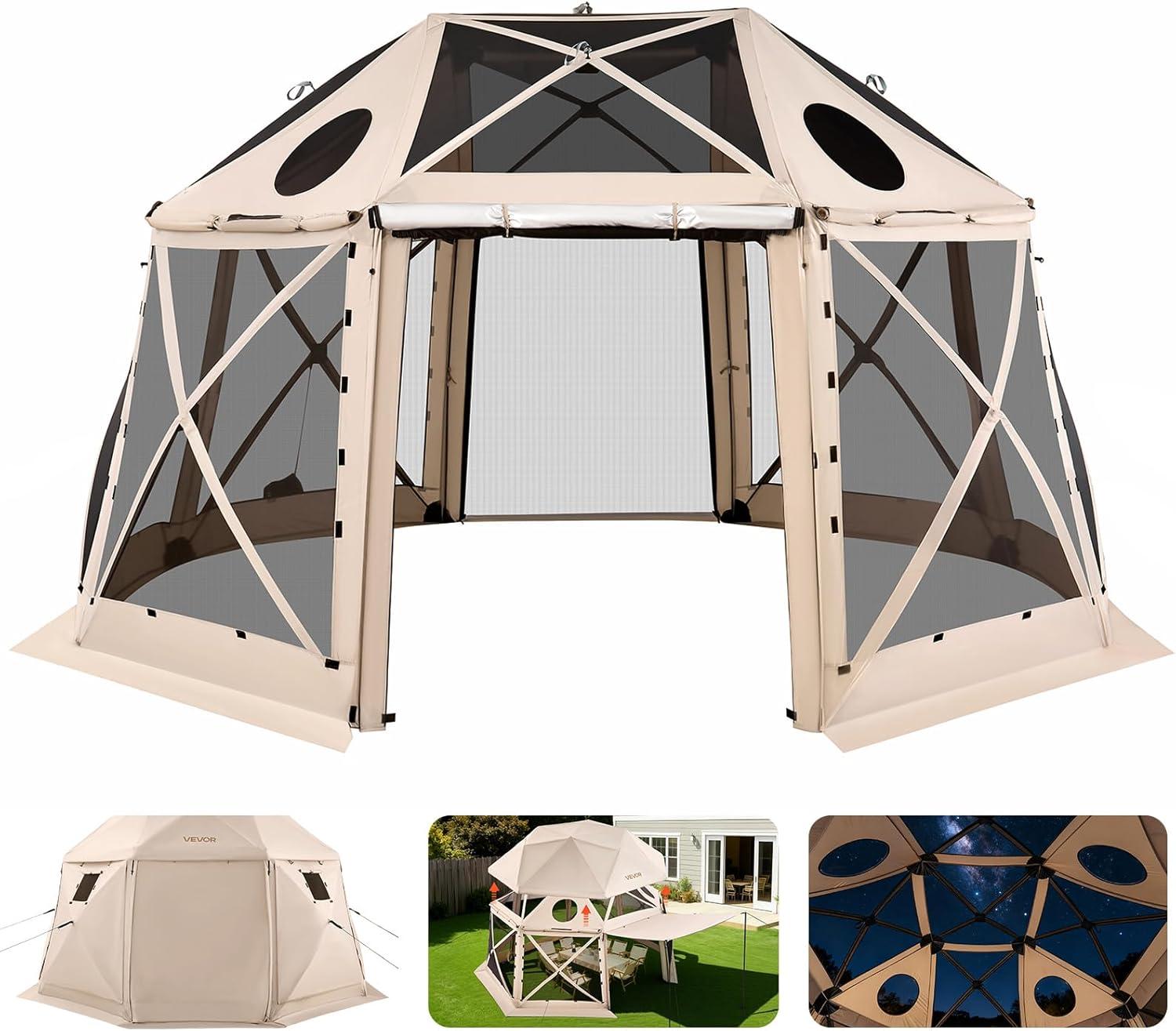 image:imageVEVOR Pop Up Gazebo Screen Tent 6 Sided Canopy Sun Shelter with 6 Removable Privacy Wind Cloths amp Mesh Windows 115x115FT Quick Set Screen Tent with Mosquito Netting BrownBeige