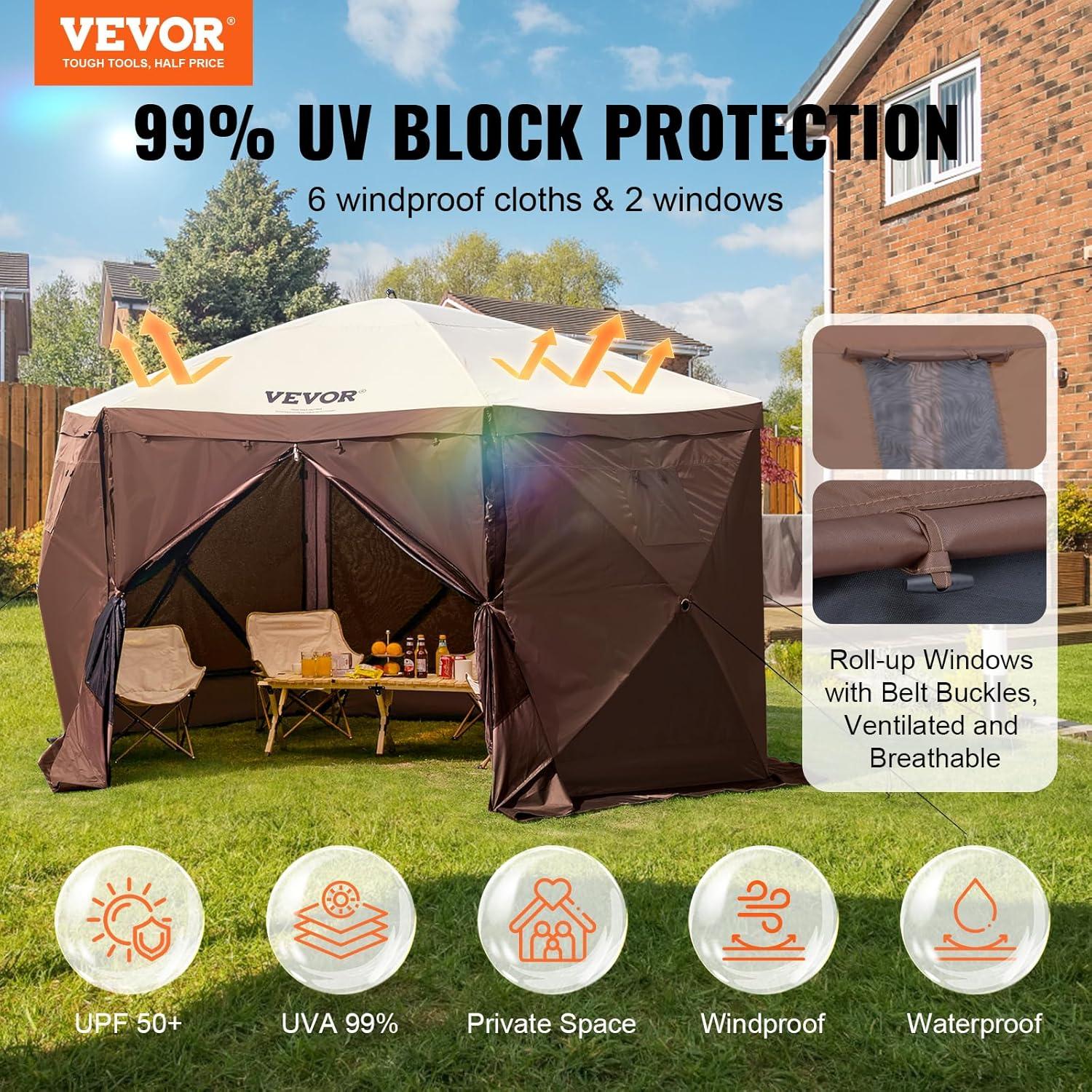 image:imageVEVOR Pop Up Gazebo Screen Tent 6 Sided Canopy Sun Shelter with 6 Removable Privacy Wind Cloths amp Mesh Windows 115x115FT Quick Set Screen Tent with Mosquito Netting BrownBrown