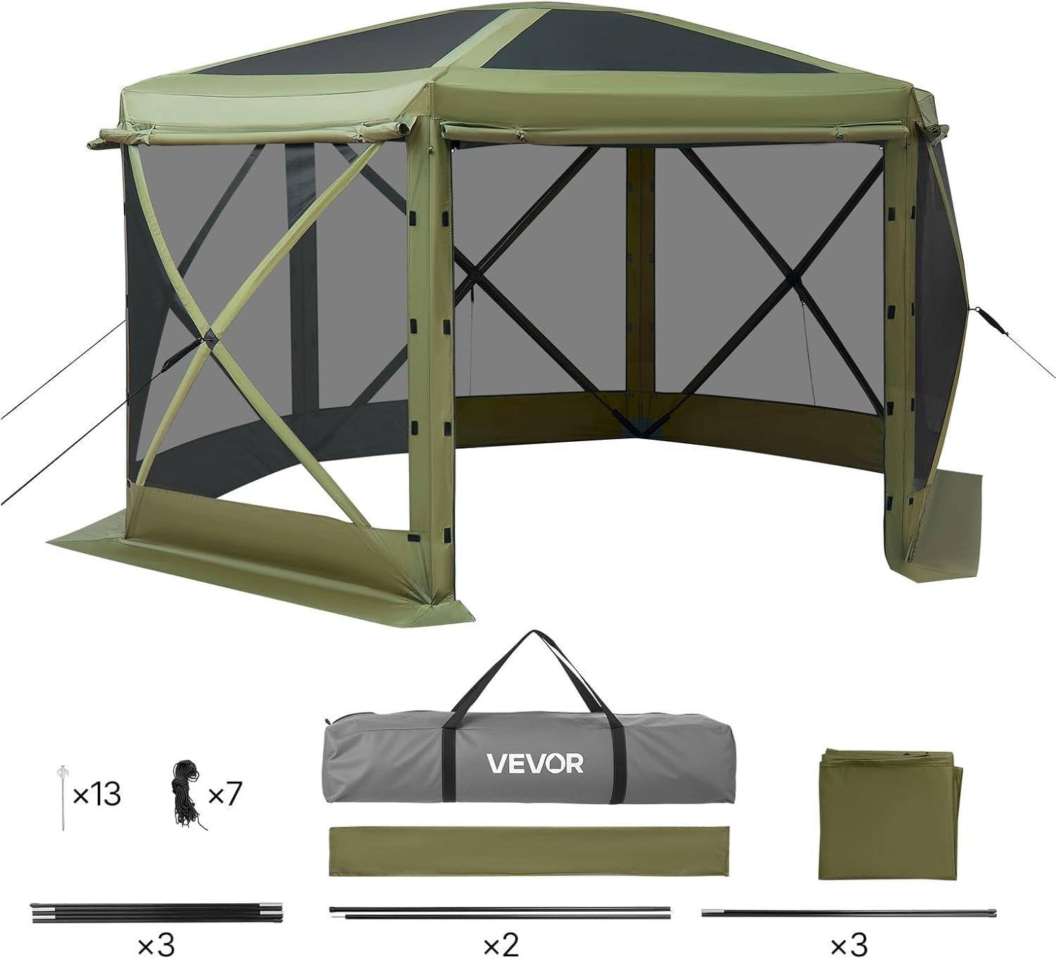 image:imageVEVOR Pop Up Gazebo Screen Tent 6 Sided Canopy Sun Shelter with 6 Removable Privacy Wind Cloths amp Mesh Windows 115x115FT Quick Set Screen Tent with Mosquito Netting BrownArmy Green