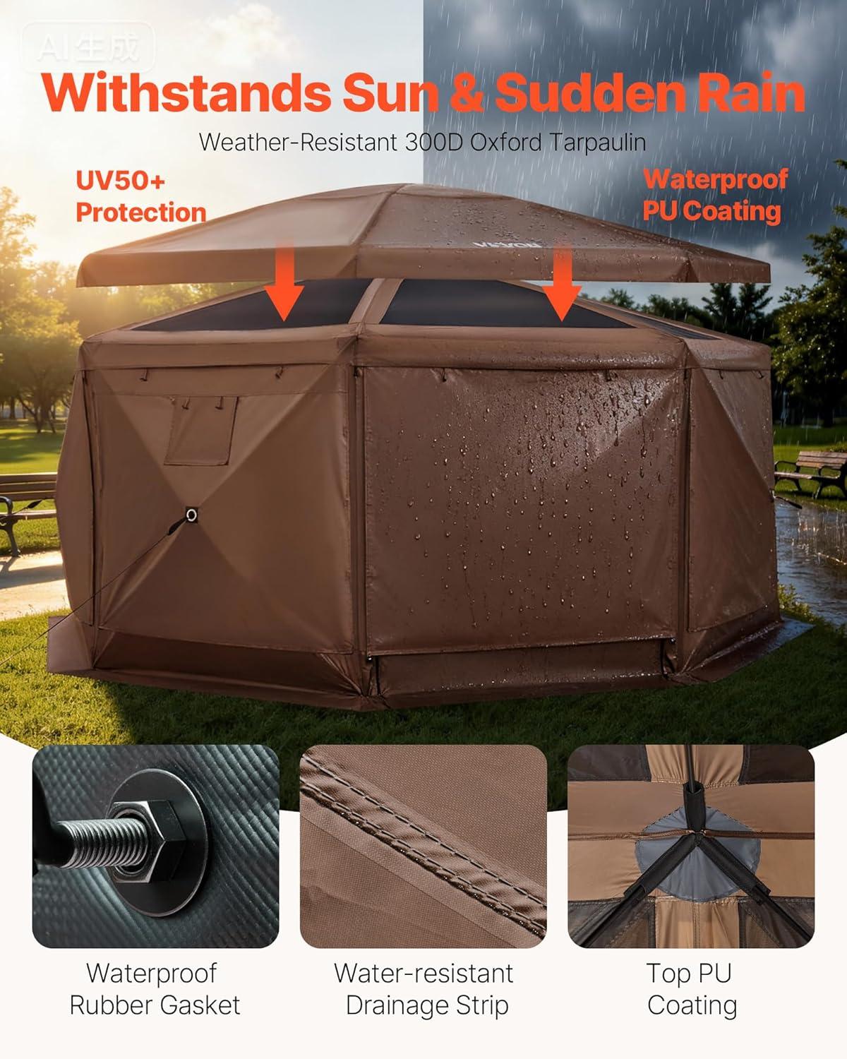 image:imageVEVOR Pop Up Gazebo Screen Tent 6 Sided Canopy Sun Shelter with 6 Removable Privacy Wind Cloths amp Mesh Windows 115x115FT Quick Set Screen Tent with Mosquito Netting BrownBrown