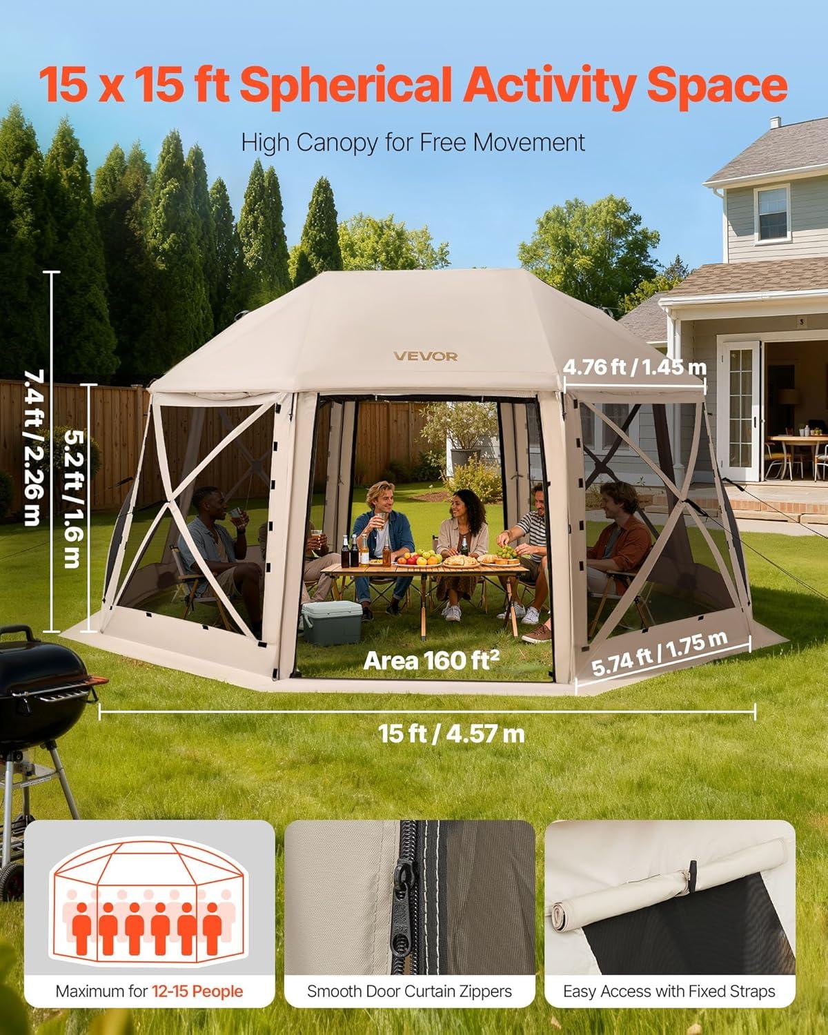 image:imageVEVOR Pop Up Gazebo Screen Tent 6 Sided Canopy Sun Shelter with 6 Removable Privacy Wind Cloths amp Mesh Windows 115x115FT Quick Set Screen Tent with Mosquito Netting BrownBeige