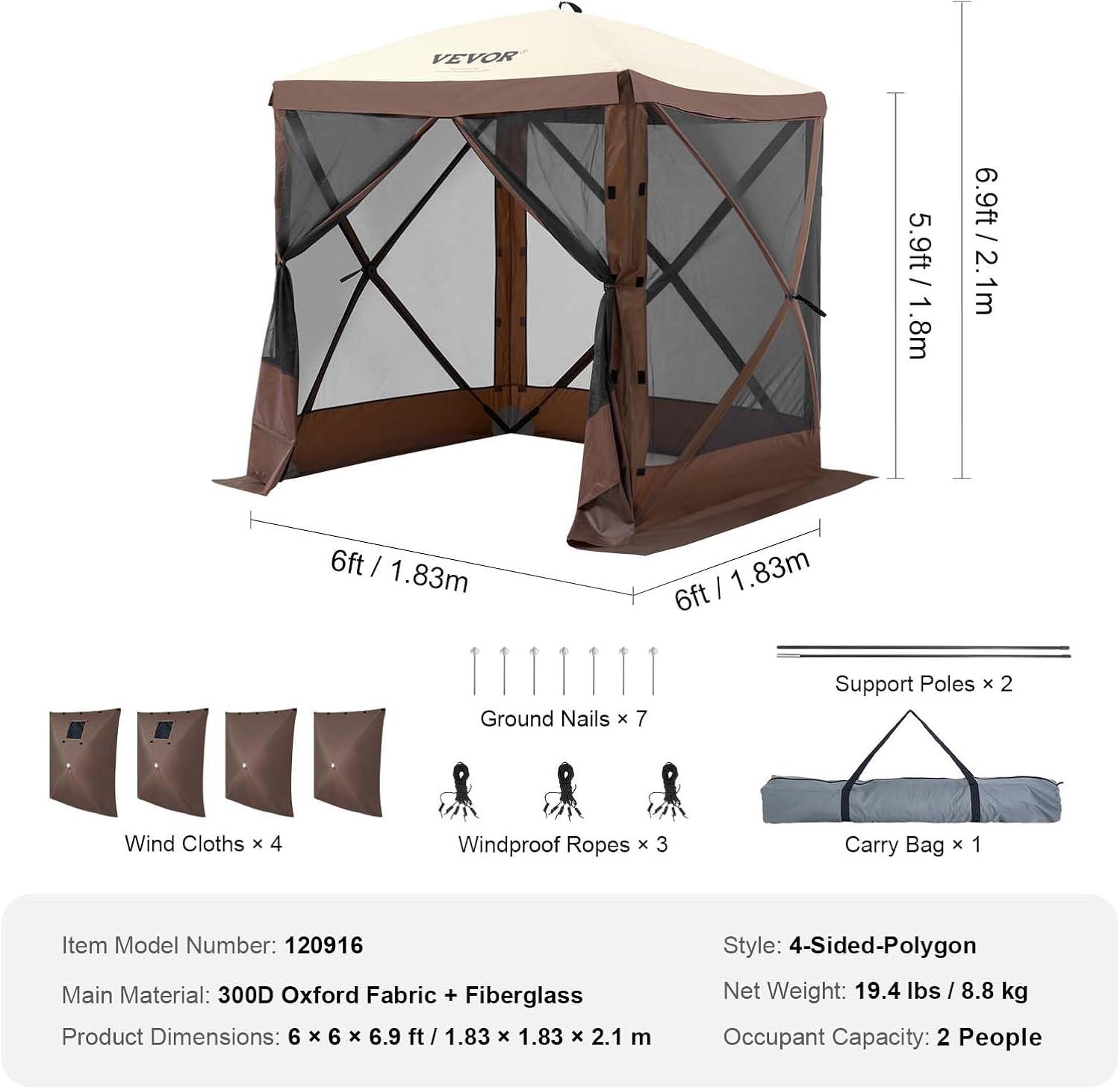 image:imageVEVOR Pop Up Gazebo Screen Tent 6 Sided Canopy Sun Shelter with 6 Removable Privacy Wind Cloths amp Mesh Windows 115x115FT Quick Set Screen Tent with Mosquito Netting BrownBrown
