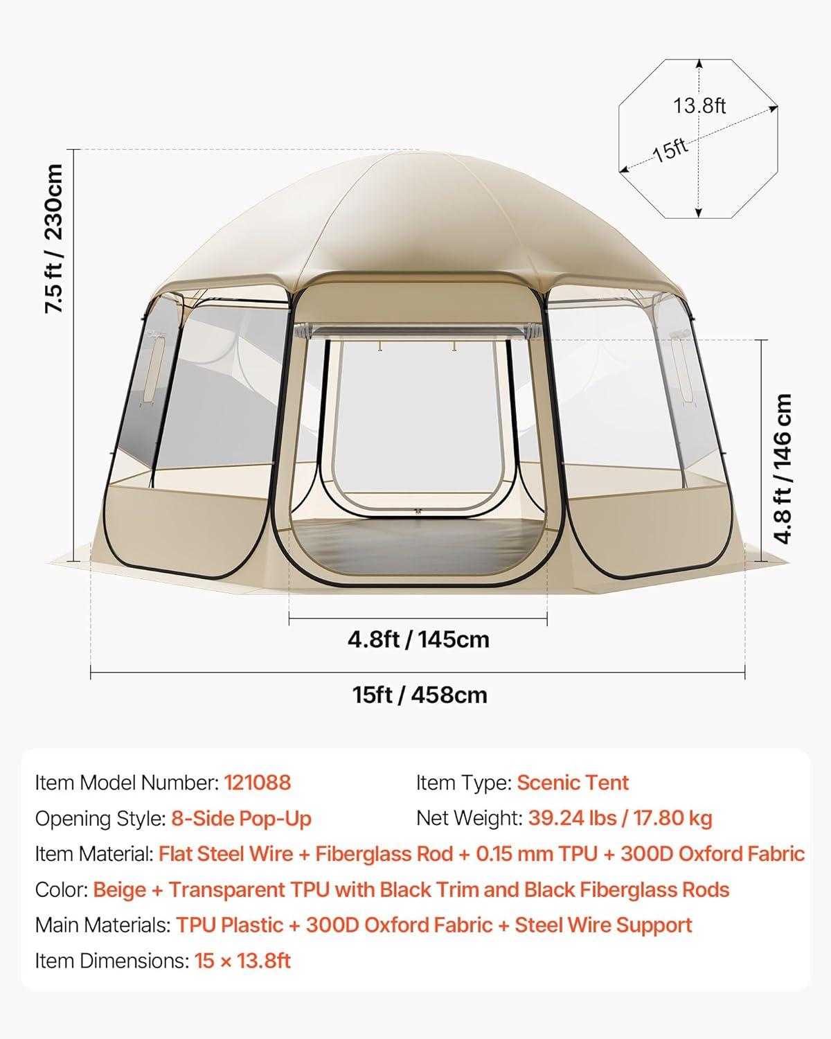 image:imageVEVOR Pop up Bubble Tent 15 x 138 ft Waterproof amp UVResistant Clear Camping Tent Shelter Outdoor Garden Dome Igloo Tents with Windows 540 Panoramic View for 1215 Persons Patio BackyardTransparent 15ft Bubble Tent for 1215 Person