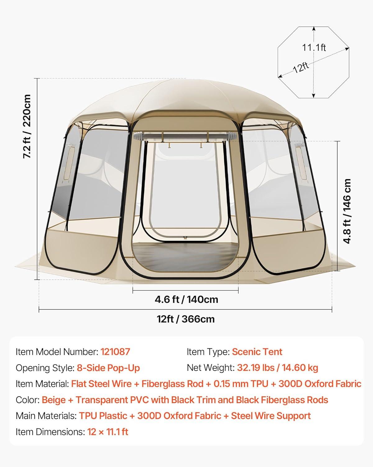 image:imageVEVOR Pop up Bubble Tent 15 x 138 ft Waterproof amp UVResistant Clear Camping Tent Shelter Outdoor Garden Dome Igloo Tents with Windows 540 Panoramic View for 1215 Persons Patio BackyardTransparent 12ft Bubble Tent for 810 Person