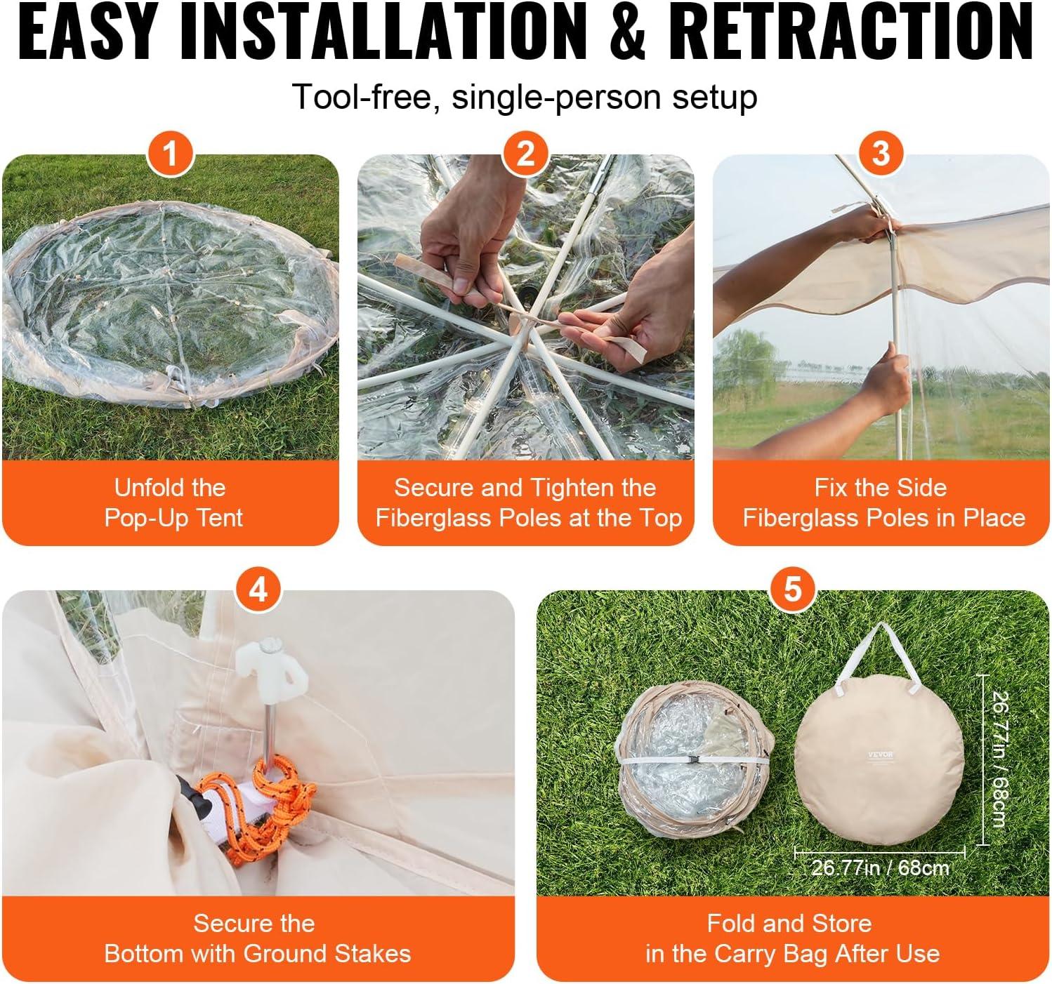 image:imageVEVOR Pop up Bubble Tent 15 x 138 ft Waterproof amp UVResistant Clear Camping Tent Shelter Outdoor Garden Dome Igloo Tents with Windows 540 Panoramic View for 1215 Persons Patio BackyardTransparent 10ft Bubble Tent for 48 Person