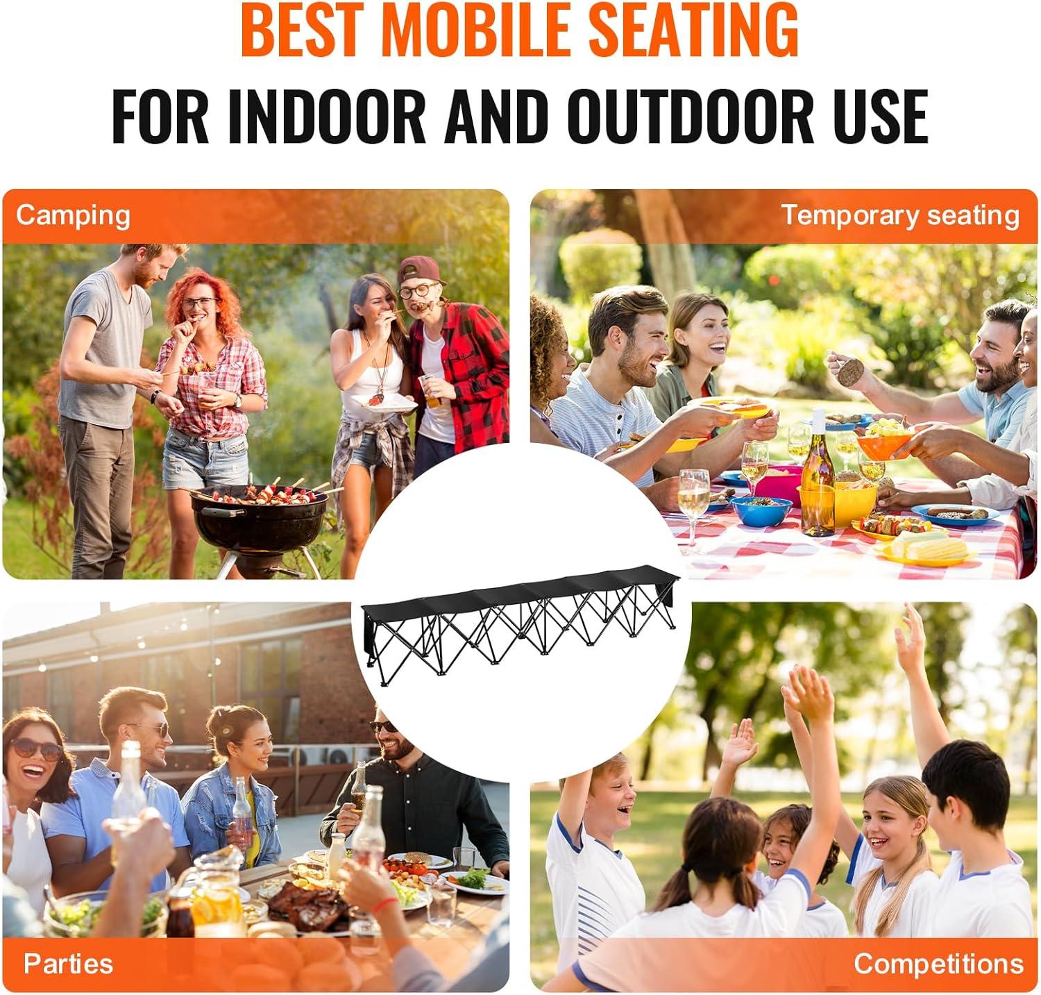 image:imageVEVOR Portable Folding Bench 6 Seats Foldable Sideline Bench Outdoor Camping Bench Chairs with Carry Bag Team Sport Sideline Benches for Football Camping Fishing No Assembly Instant SeatingNo Backrest or Canopy 6 Seats
