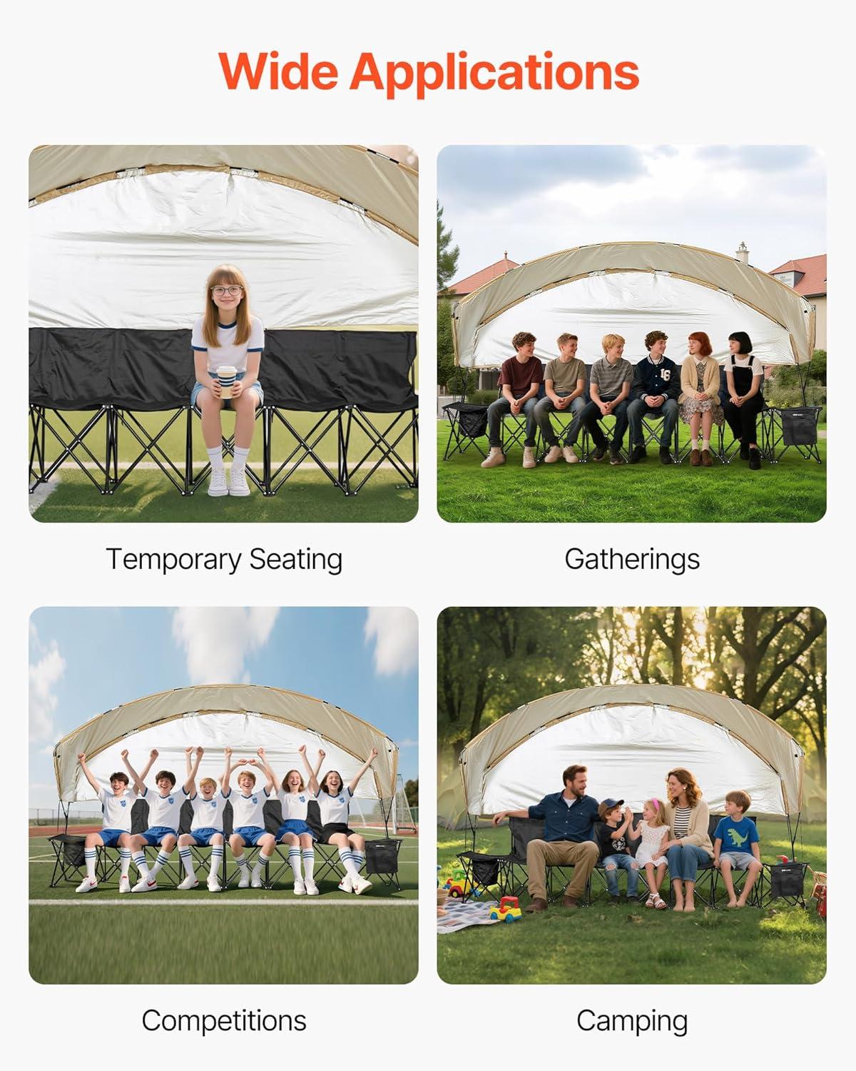 image:imageVEVOR Portable Folding Bench 6 Seats Foldable Sideline Bench Outdoor Camping Bench Chairs with Carry Bag Team Sport Sideline Benches for Football Camping Fishing No Assembly Instant SeatingWith Backrest Canopy 6 Seats