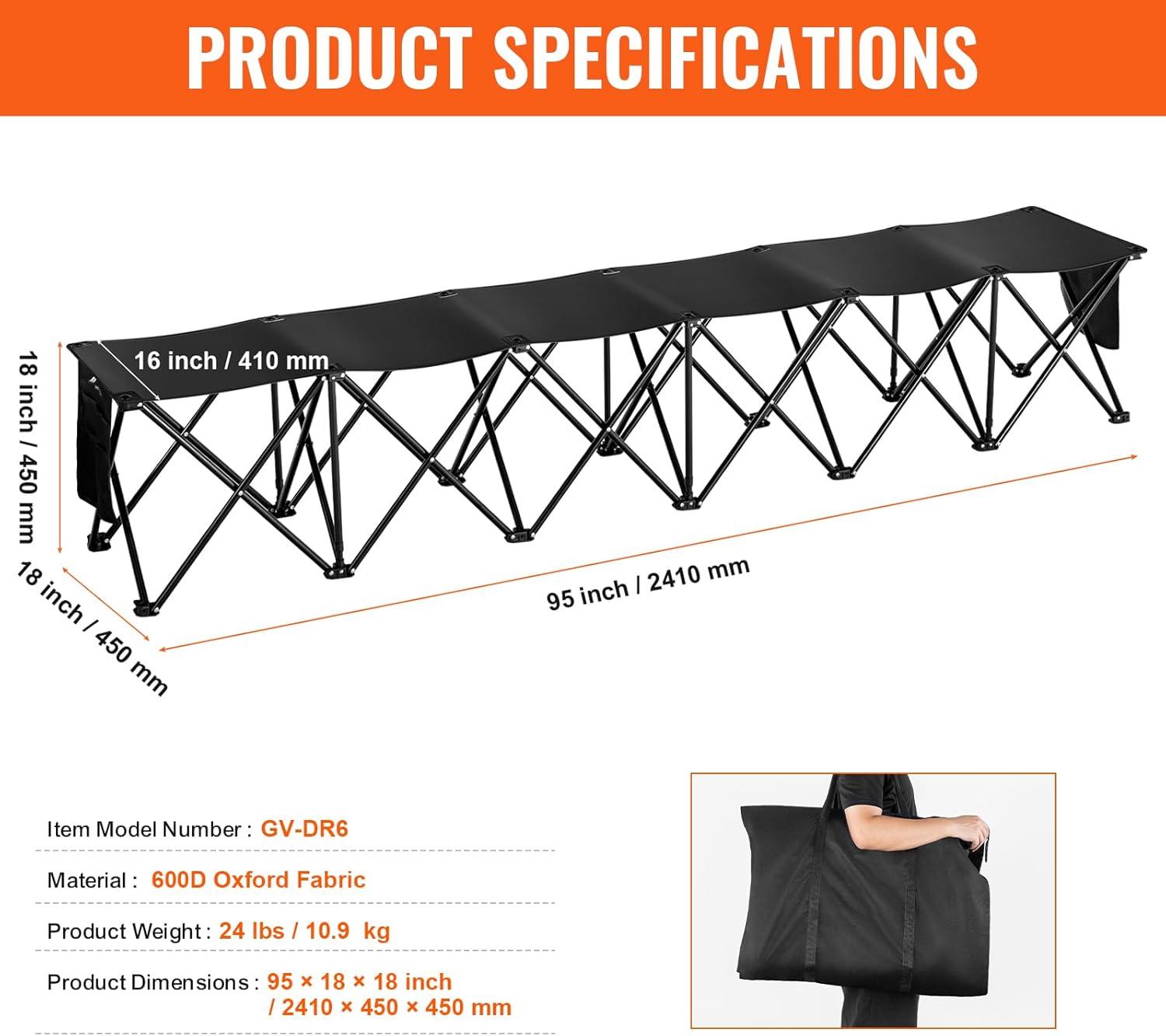 image:imageVEVOR Portable Folding Bench 6 Seats Foldable Sideline Bench Outdoor Camping Bench Chairs with Carry Bag Team Sport Sideline Benches for Football Camping Fishing No Assembly Instant SeatingNo Backrest or Canopy 6 Seats
