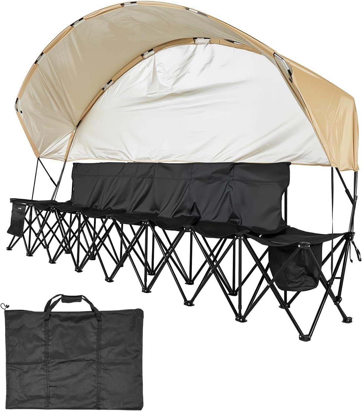 image:imageVEVOR Portable Folding Bench 6 Seats Foldable Sideline Bench Outdoor Camping Bench Chairs with Carry Bag Team Sport Sideline Benches for Football Camping Fishing No Assembly Instant SeatingWith Backrest Canopy 6 Seats