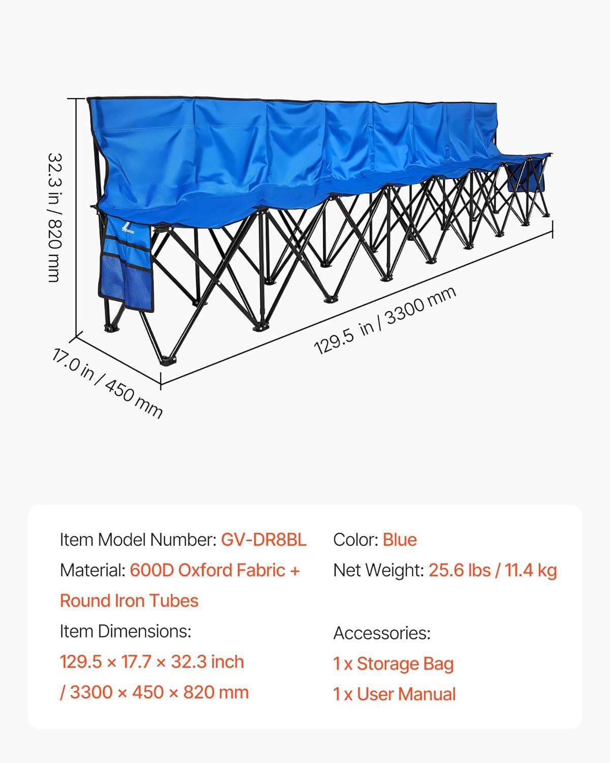 image:imageVEVOR Portable Folding Bench 8 Seats Foldable Sideline Bench Outdoor Camping Bench Chair with Carry Bag amp Backrest Team Sport Sideline Bench for Football Fishing No Assembly Instant Seating BlackBlue