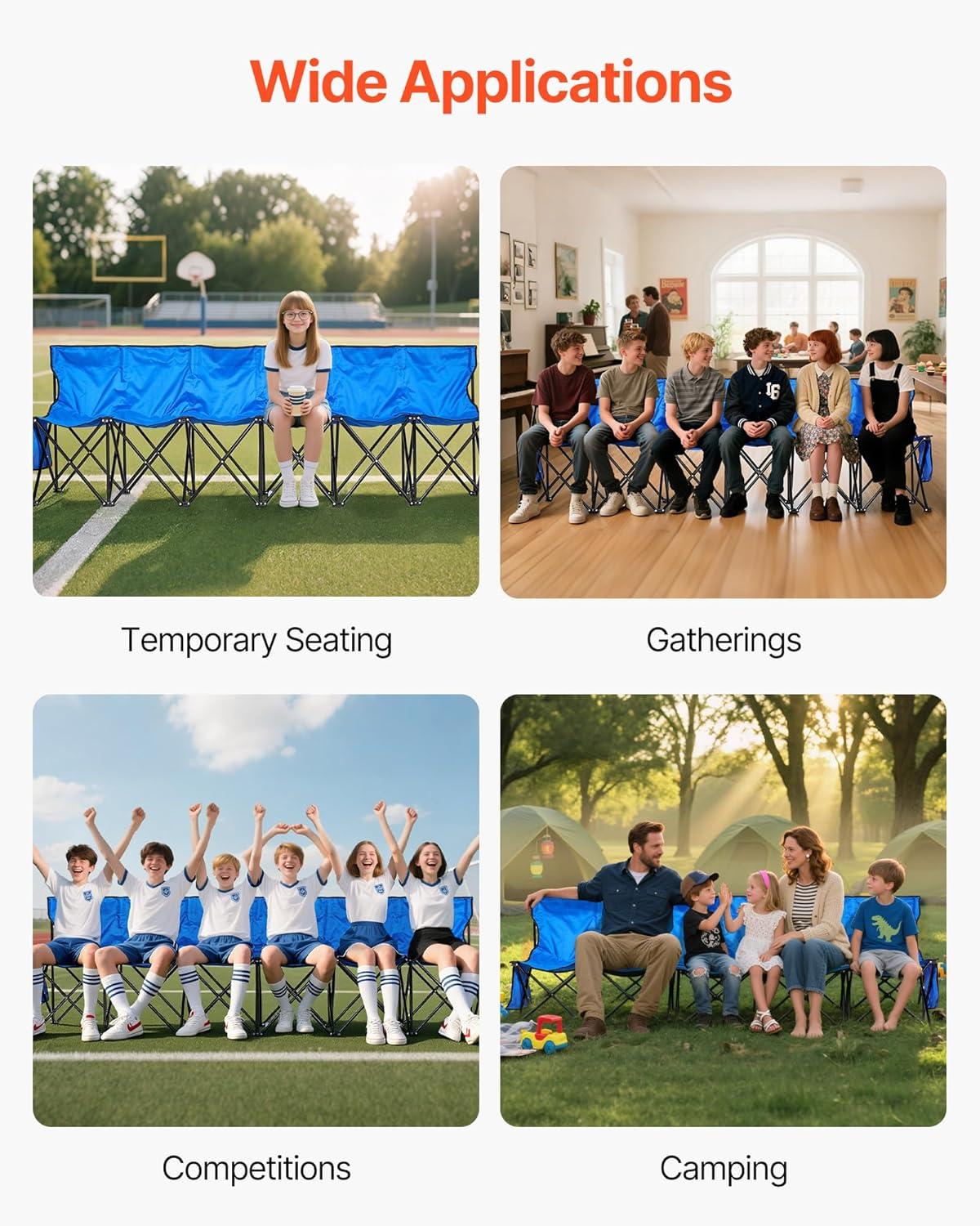image:imageVEVOR Portable Folding Bench 8 Seats Foldable Sideline Bench Outdoor Camping Bench Chair with Carry Bag amp Backrest Team Sport Sideline Bench for Football Fishing No Assembly Instant Seating BlackBlue