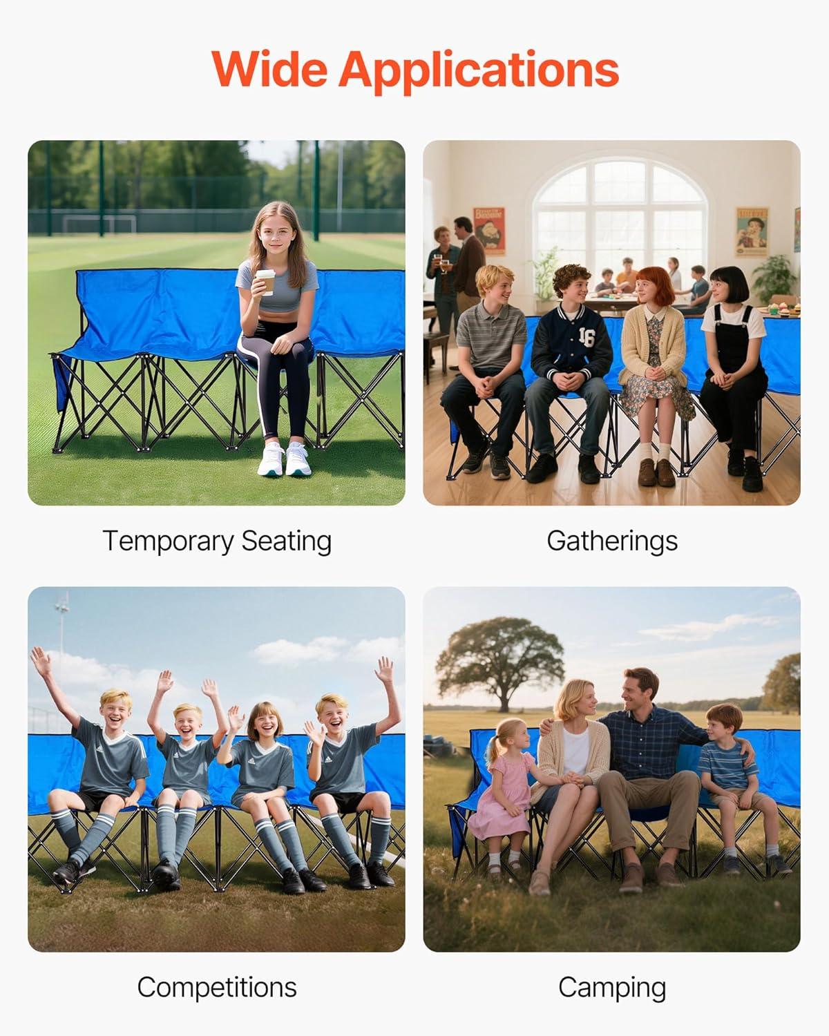 image:imageVEVOR Portable Folding Bench 8 Seats Foldable Sideline Bench Outdoor Camping Bench Chair with Carry Bag amp Backrest Team Sport Sideline Bench for Football Fishing No Assembly Instant Seating BlackBlue