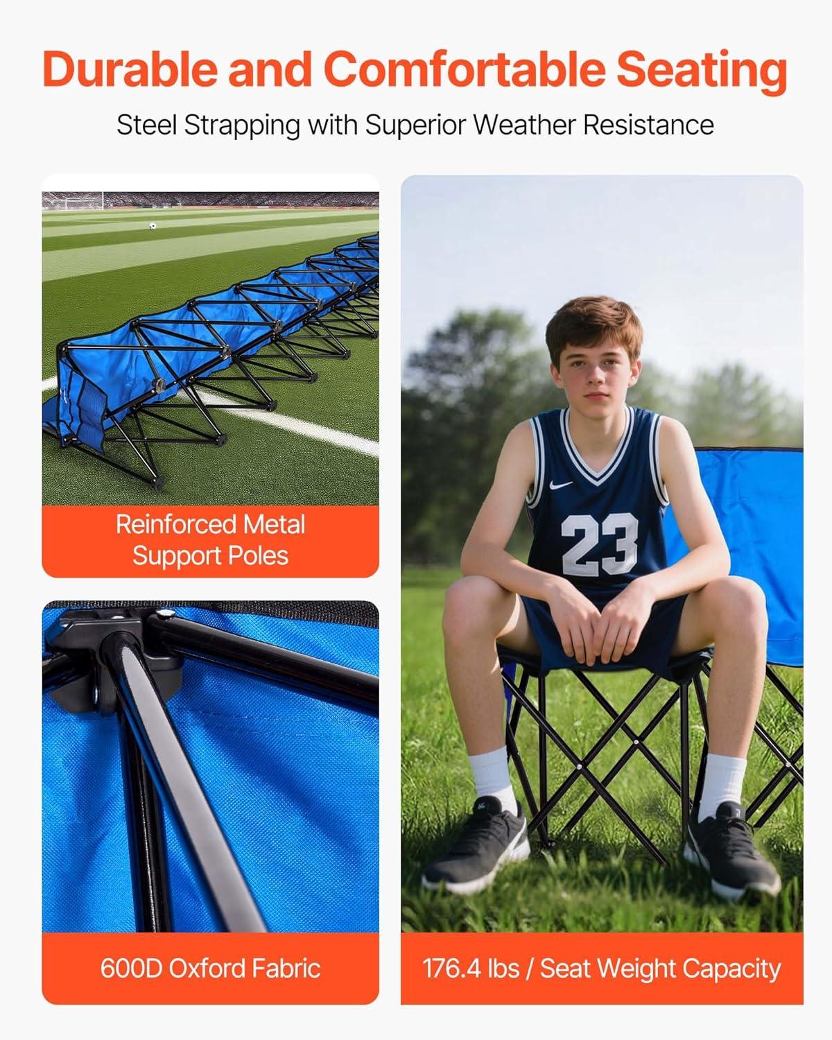 image:imageVEVOR Portable Folding Bench 8 Seats Foldable Sideline Bench Outdoor Camping Bench Chair with Carry Bag amp Backrest Team Sport Sideline Bench for Football Fishing No Assembly Instant Seating BlackBlue