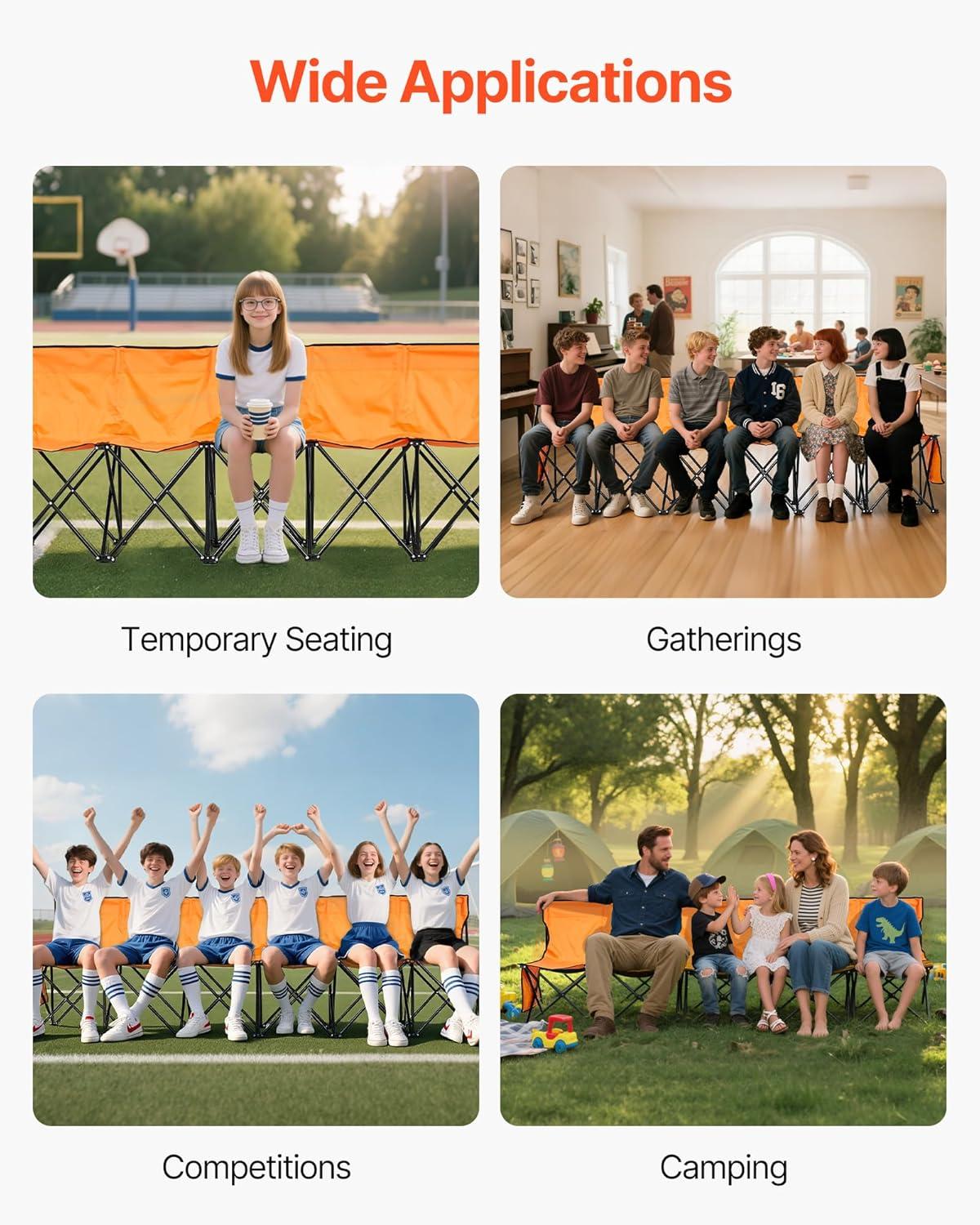 image:imageVEVOR Portable Folding Bench 8 Seats Foldable Sideline Bench Outdoor Camping Bench Chair with Carry Bag amp Backrest Team Sport Sideline Bench for Football Fishing No Assembly Instant Seating BlackOrange