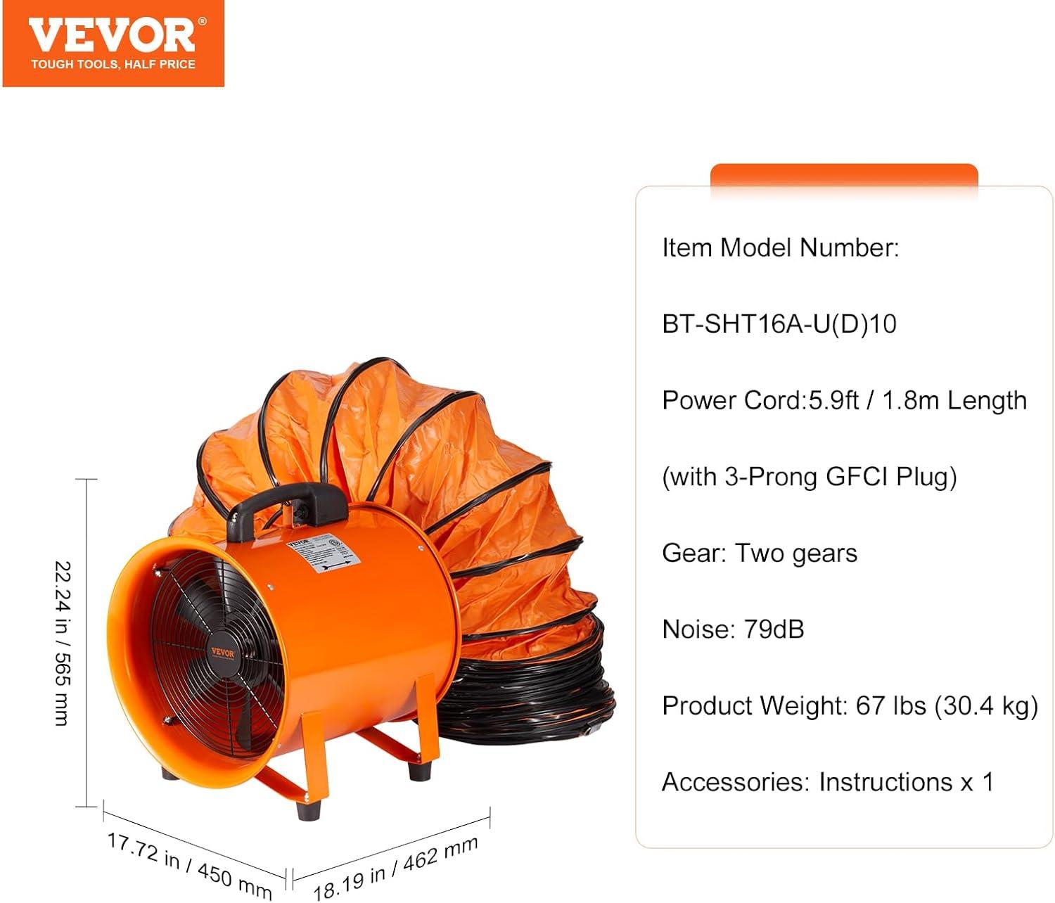 image:imageVEVOR Portable Ventilator with Hose 2 Speed 10 Inch Utility Blower Exhaust Fan with 33ft Flexible Duct 350W 1948CFM High Velocity Industrial Air Mover for Extraction and Ventilation16 Inch 2Speed Utility Blower w 33ft Hose