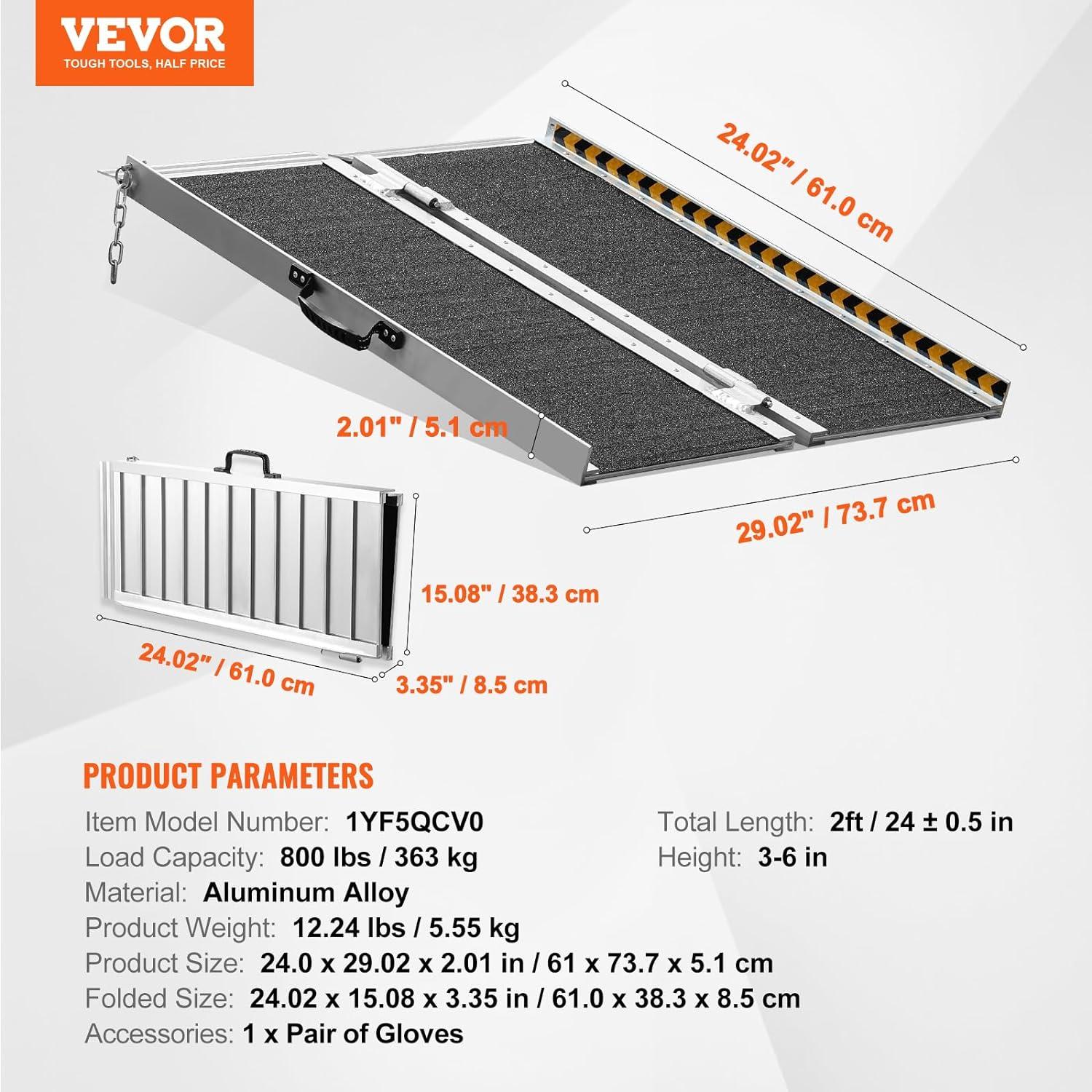 image:imageVEVOR Portable Wheelchair Ramp 6FT NonSlip Aluminum Folding Handicap Ramp Door Threshold Ramps for Wheelchair for HomeWheel Chair Ramp Steps Cars Scooter Cart Curbs Stairs2FT For height 26