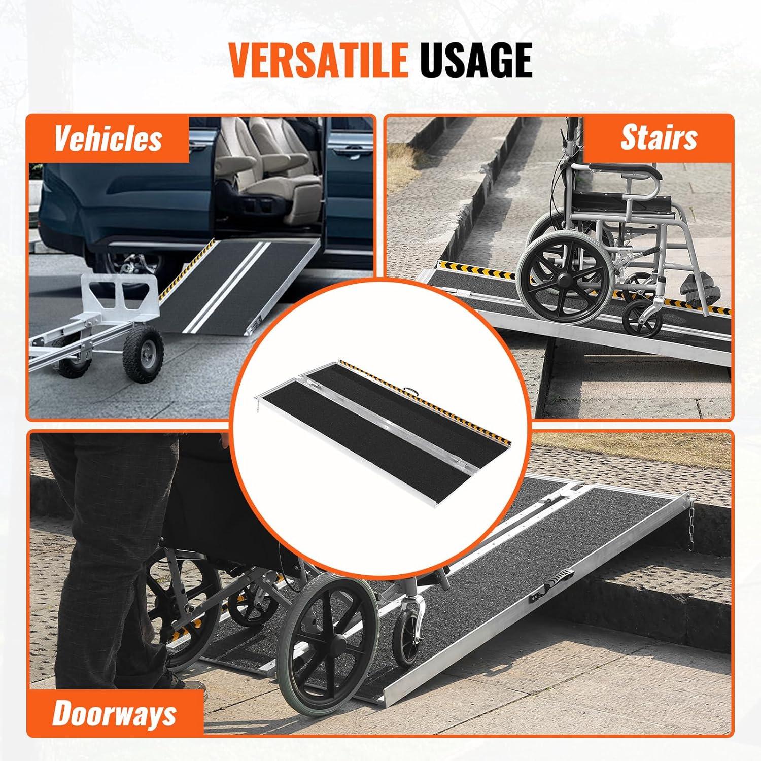 image:imageVEVOR Portable Wheelchair Ramp 6FT NonSlip Aluminum Folding Handicap Ramp Door Threshold Ramps for Wheelchair for HomeWheel Chair Ramp Steps Cars Scooter Cart Curbs Stairs5FT For height 515