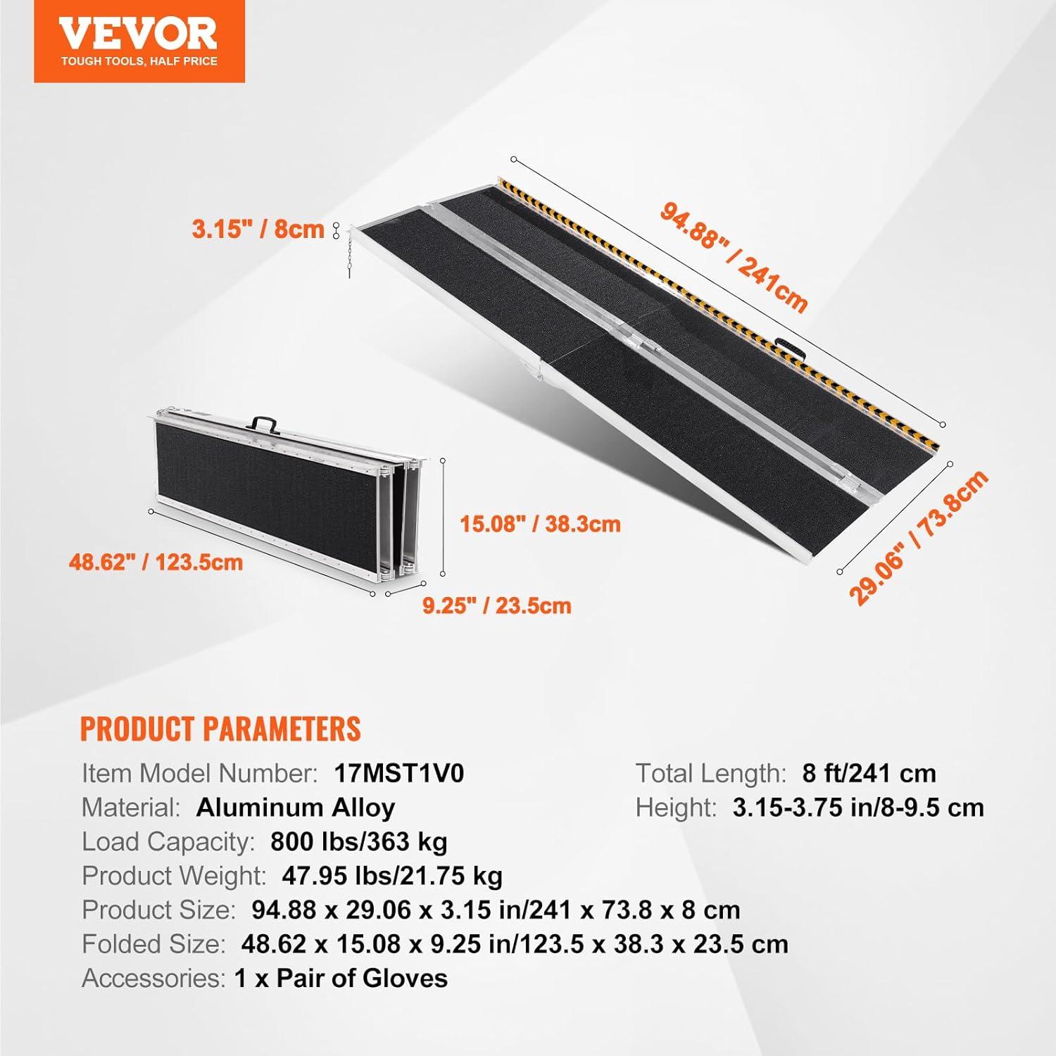 image:imageVEVOR Portable Wheelchair Ramp 6FT NonSlip Aluminum Folding Handicap Ramp Door Threshold Ramps for Wheelchair for HomeWheel Chair Ramp Steps Cars Scooter Cart Curbs Stairs8FT For height 824