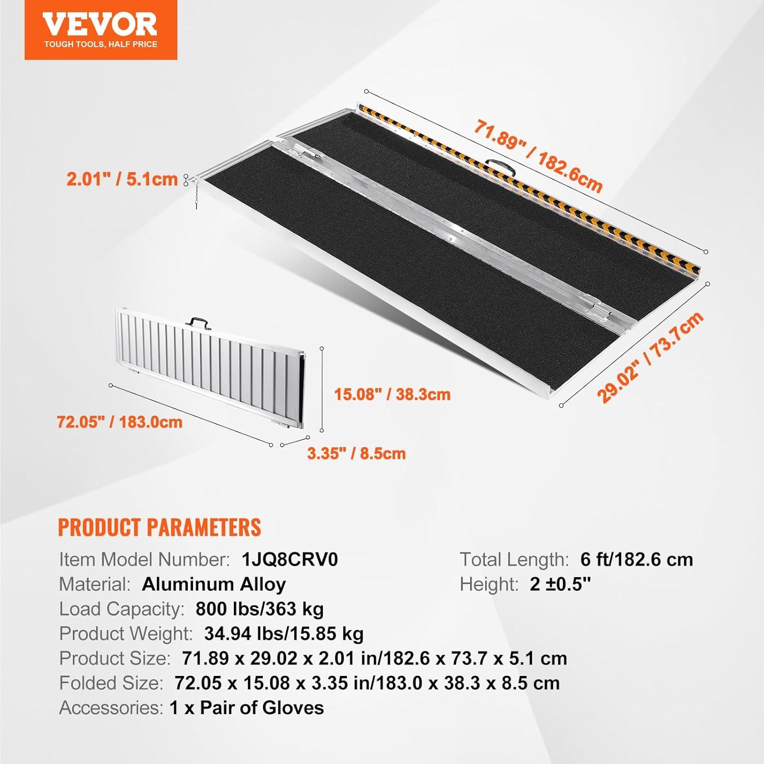 image:imageVEVOR Portable Wheelchair Ramp 6FT NonSlip Aluminum Folding Handicap Ramp Door Threshold Ramps for Wheelchair for HomeWheel Chair Ramp Steps Cars Scooter Cart Curbs Stairs5FT For height 515