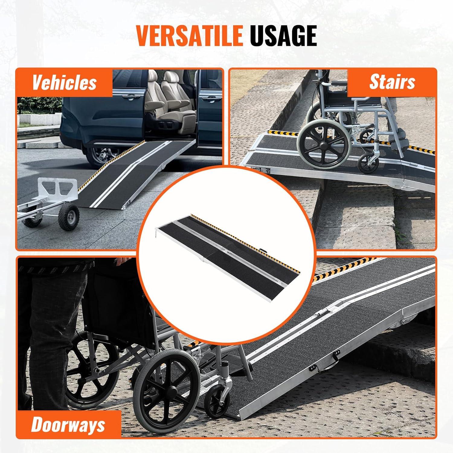 image:imageVEVOR Portable Wheelchair Ramp 6FT NonSlip Aluminum Folding Handicap Ramp Door Threshold Ramps for Wheelchair for HomeWheel Chair Ramp Steps Cars Scooter Cart Curbs Stairs8FT For height 824